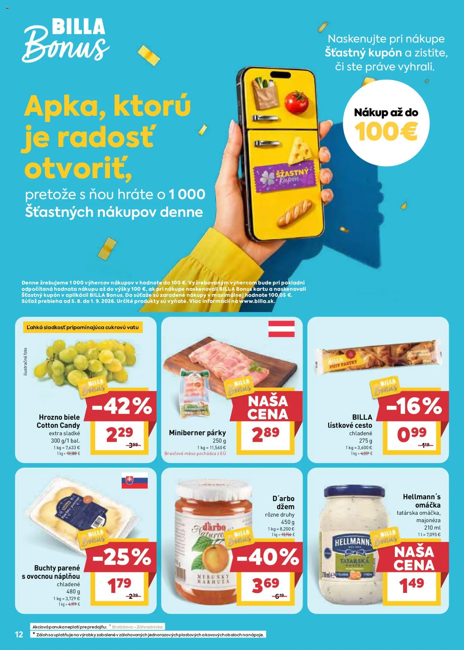 Nové Billa akcie – leták je platný od 12.08.2026 | Strana: 12 | Produkty: Džem, Cesto, Mäso, Párky