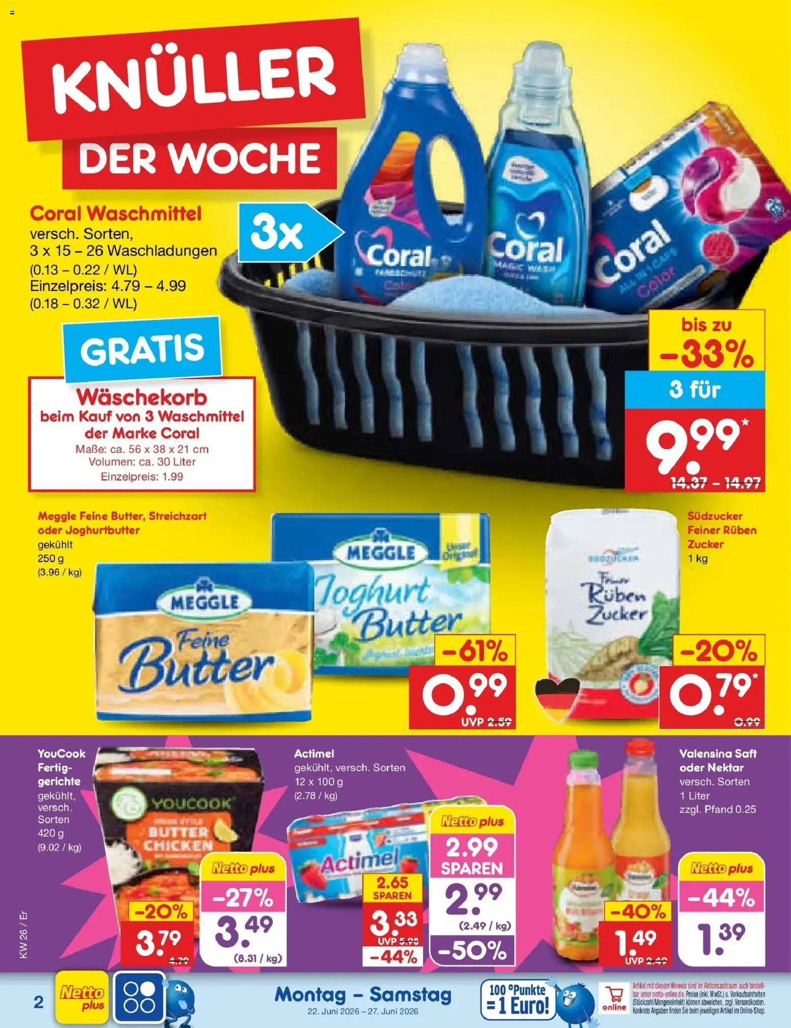 Netto Marken-Discount Prospekt Nordhausen – gültig ab 21.06.2026 | Seite: 2 | Produkte: Youcook, Coral waschmittel, Zucker, Saft