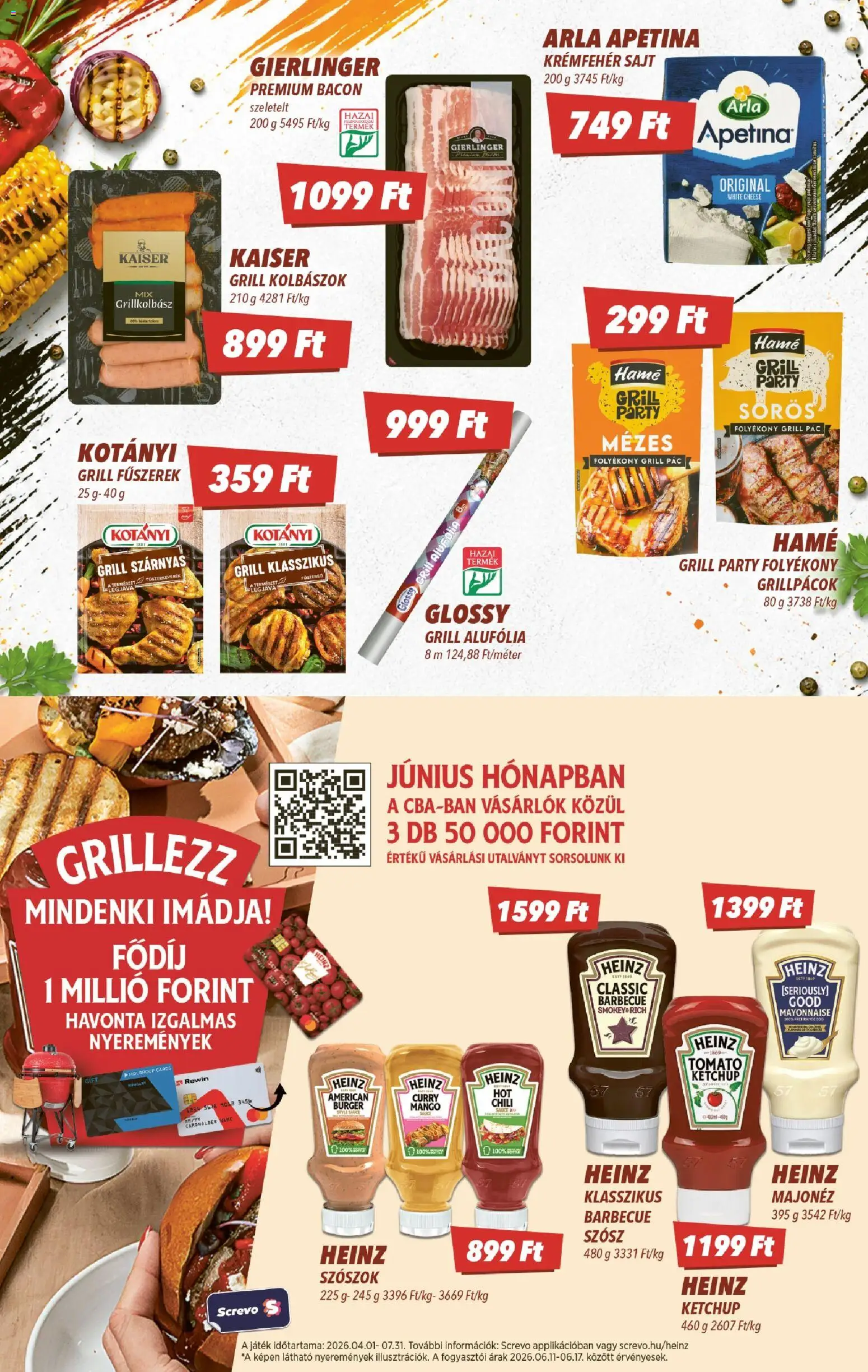 CBA akciós ujság - amely érvényes a következő dátumtól: 11.06.2026 | Oldal: 4 | Termékek: Fűszerkeverék, Grillkolbász, Bacon, Sajt