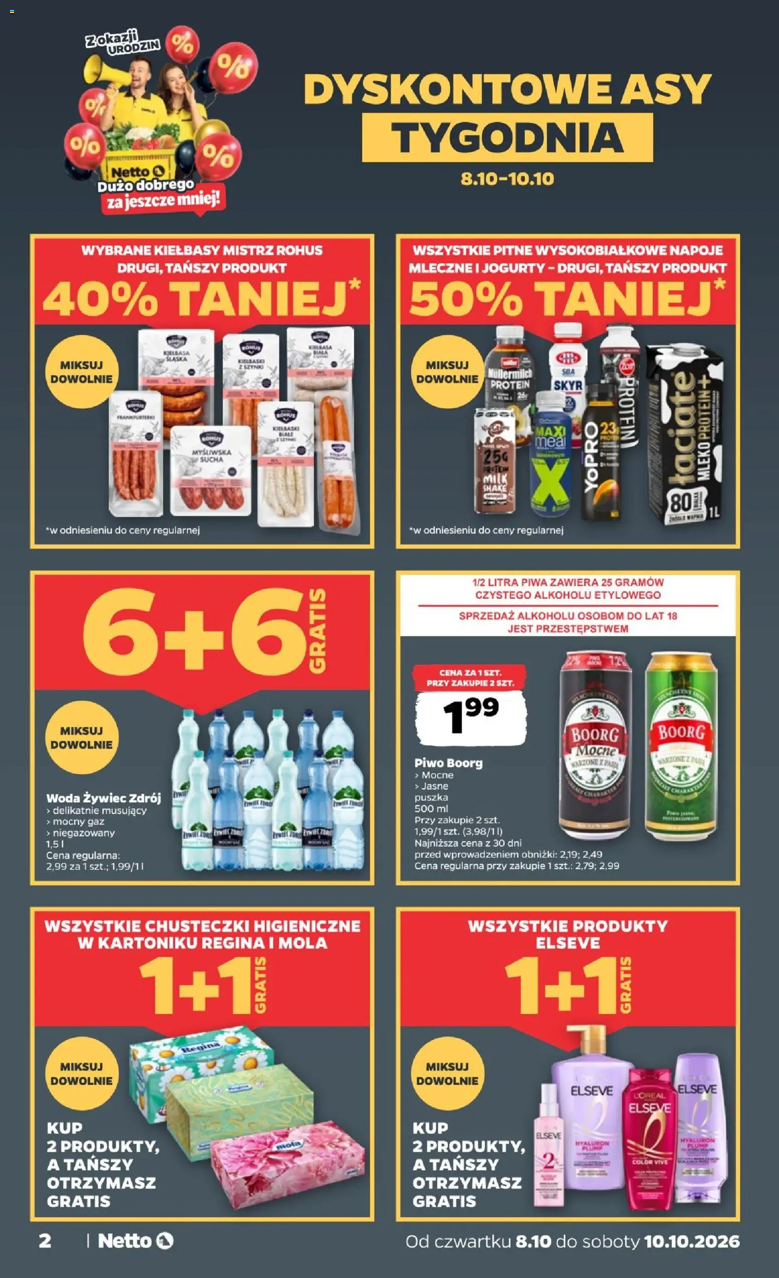 Netto gazetka od czwartku od 08.10.2026 | Strona: 2 | Produkty: Woda żywiec, Chusteczki, Napoje, Mleko