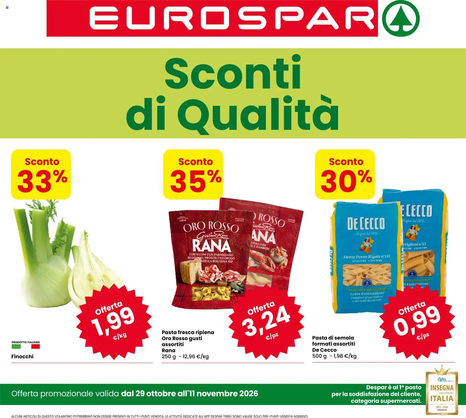 Volantino Eurospar del 29/10/2026 | Pagina: 1 | Prodotti: Prosciutto Crudo, Pasta, Finocchi, Penne