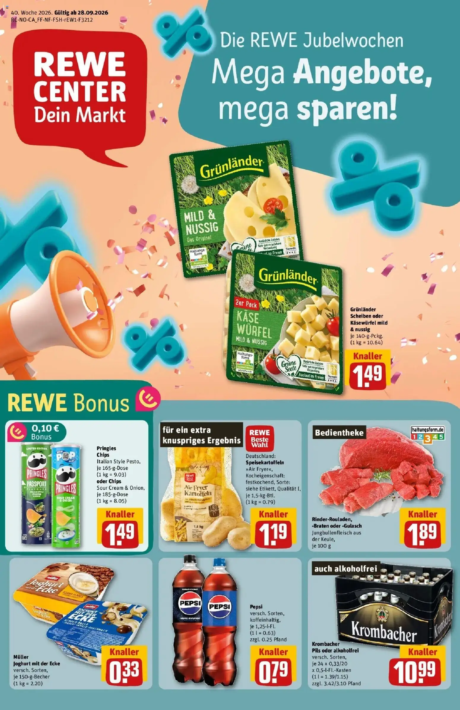 REWE Prospekt ab 28.09.2026 zum Blättern » Angebote | Seite: 1 | Produkte: Käse, Grunlander, Pepsi, Chips