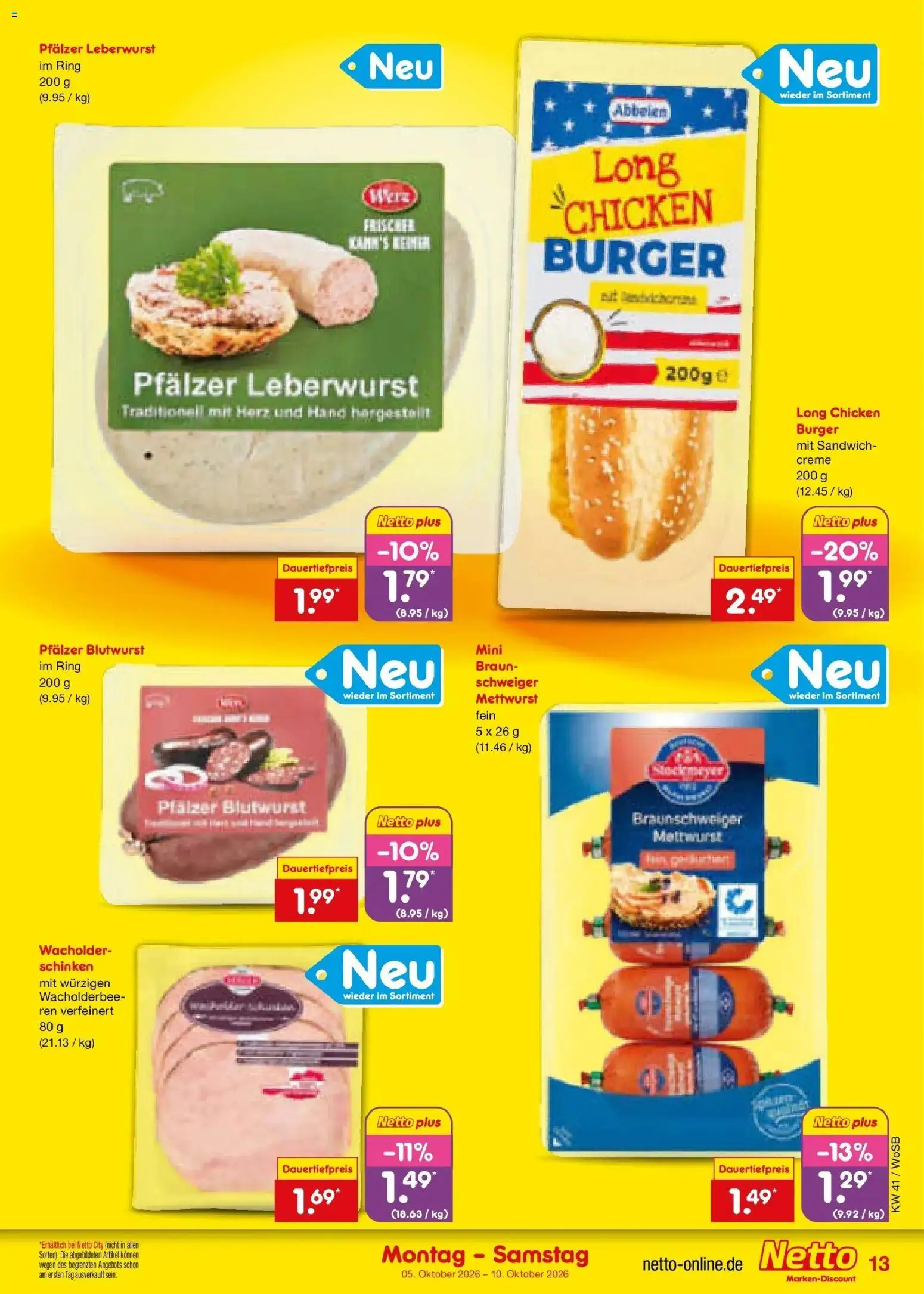Netto Marken-Discount Prospekt Ludwigshafen-Edigheim (ab 05.10.2026) » Angebote | Seite: 13 | Produkte: Burger, Creme, Schinken
