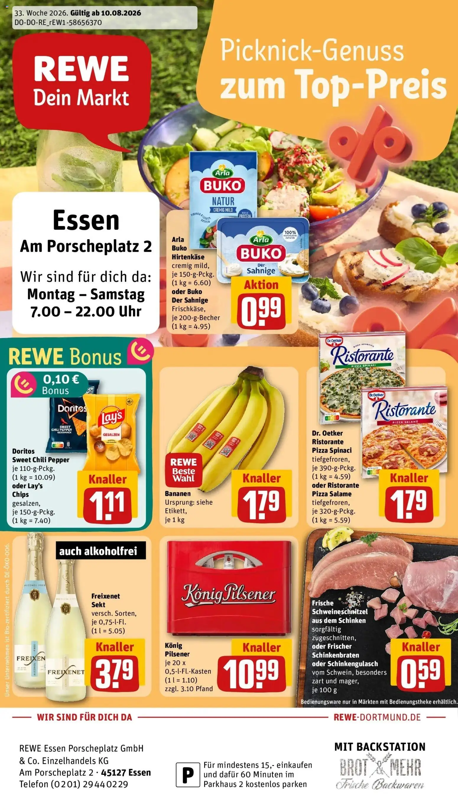 Rewe Prospekt Essen – gültig ab 10.08.2026 | Seite: 1 | Produkte: Konig pilsener, Chili, Schinken, Pizza