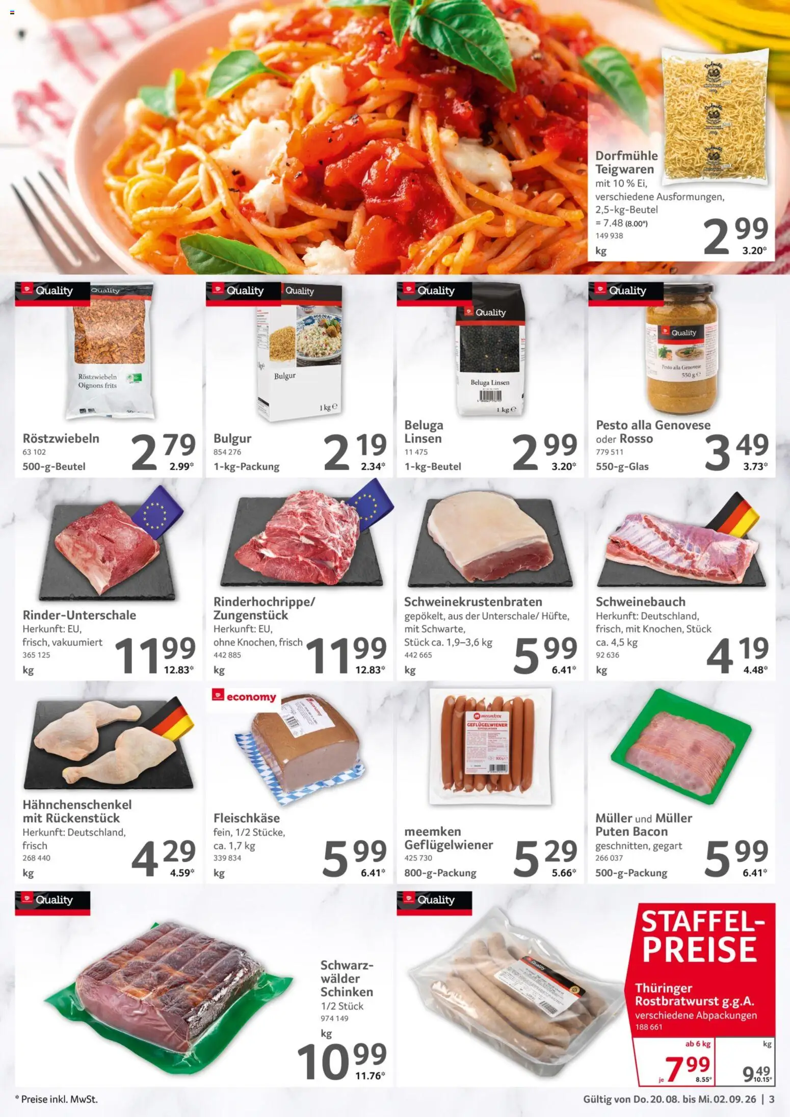 Selgros Gastronomie – gültig ab 20.08.2026 | Seite: 3 | Produkte: Hahnchenschenkel, Schweinebauch, Schinken, Meemken
