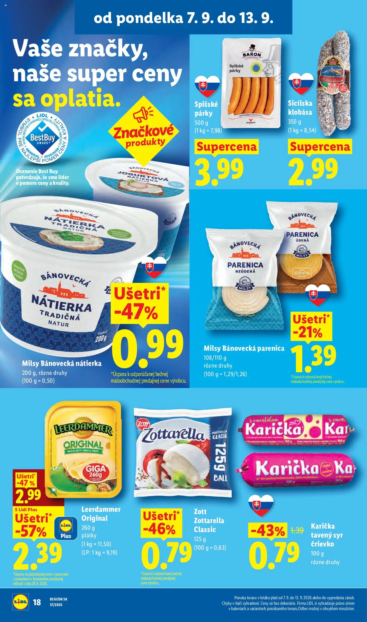 Nové Lidl akcie – leták je platný od 07.09.2026 | Strana: 20 | Produkty: Klobása, Mozzarella, Nátierka, Tavený syr