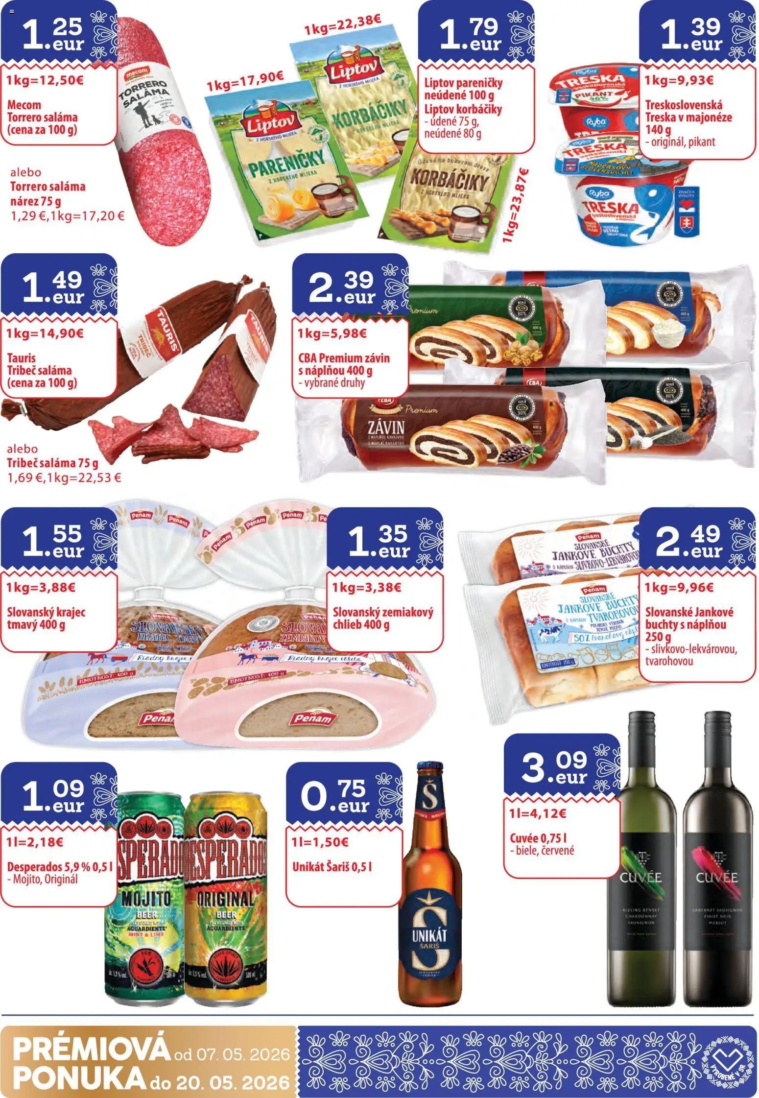 Nové CBA Verex akcie – leták je platný od 07.05.2026 | Strana: 30 | Produkty: Saláma, Závin, Šariš, Treska