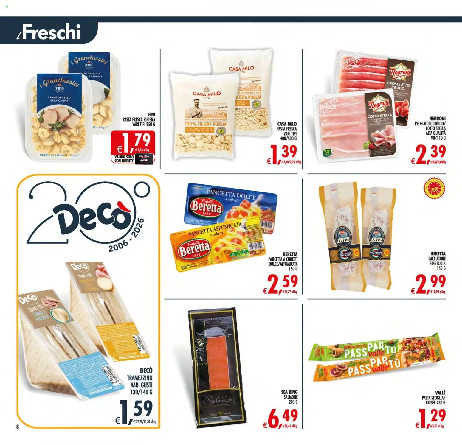 Volantino Decò del 19.05.2026 | Pagina: 8 | Prodotti: Prosciutto Cotto, Salmone, Maionese, Pasta