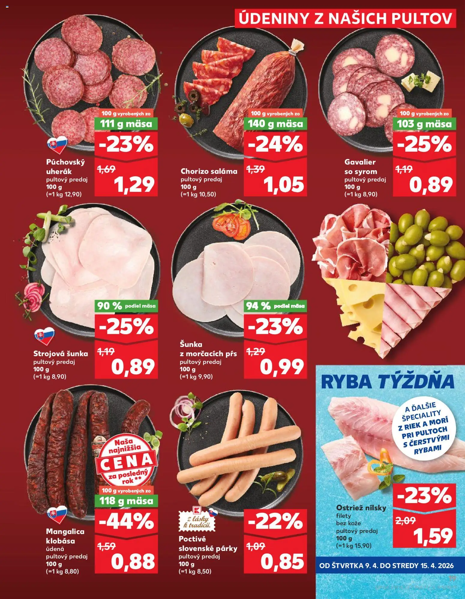 Nové Kaufland akcie – leták je platný od 09.04.2026 | Strana: 19 | Produkty: Klobása, Ryba, Špeciality, Údeniny
