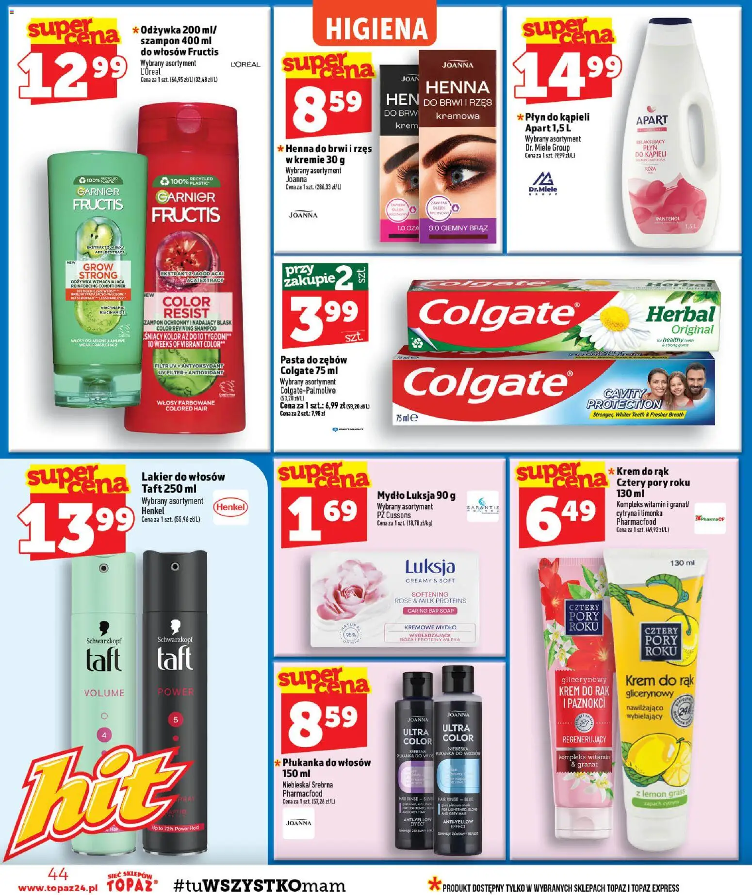 Topaz gazetka - Ceny małe na stałe od 01.10.2026 | Strona: 44 | Produkty: Płukanka do włosów, Limonka, Garnier, Pasta do zębów