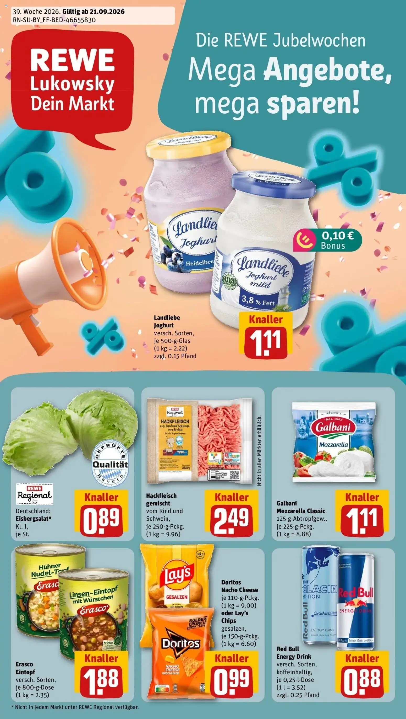 REWE Prospekt ab 21.09.2026 zum Blättern » Angebote | Seite: 1 | Produkte: Red bull, Energy, Mozzarella, Hackfleisch