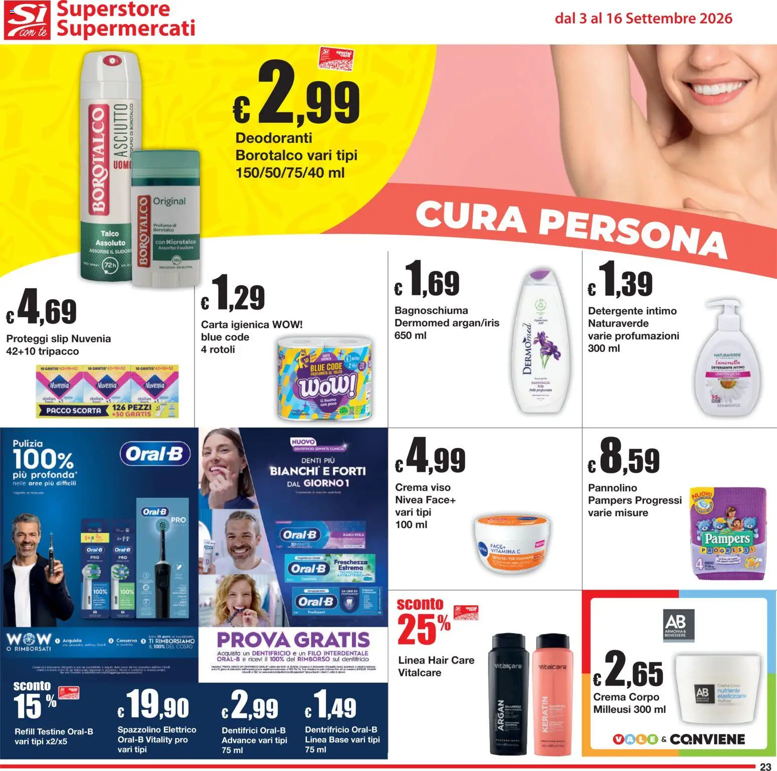 Volantino Sì con Te del 03/09/2026 | Pagina: 23 | Prodotti: Crema, Bagnoschiuma, Dentifricio, Slip