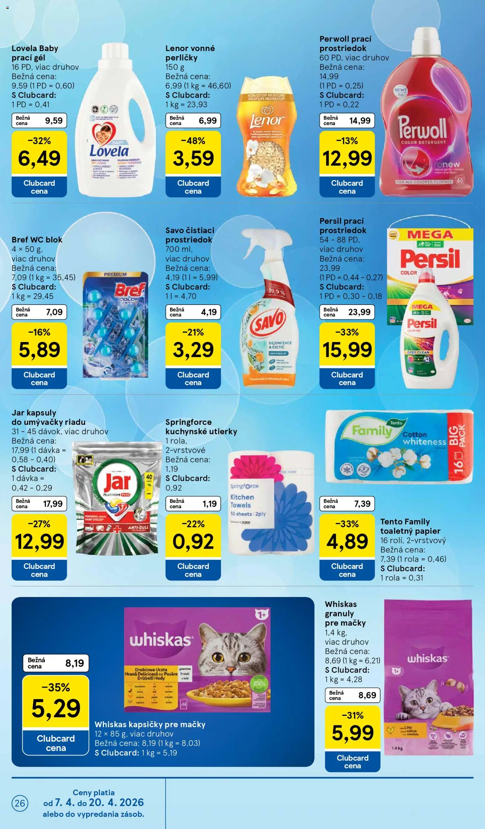 Nové Tesco akcie – leták je platný od 08.04.2026 | Strana: 26 | Produkty: Savo, Toaletný papier, Wc blok, Lenor