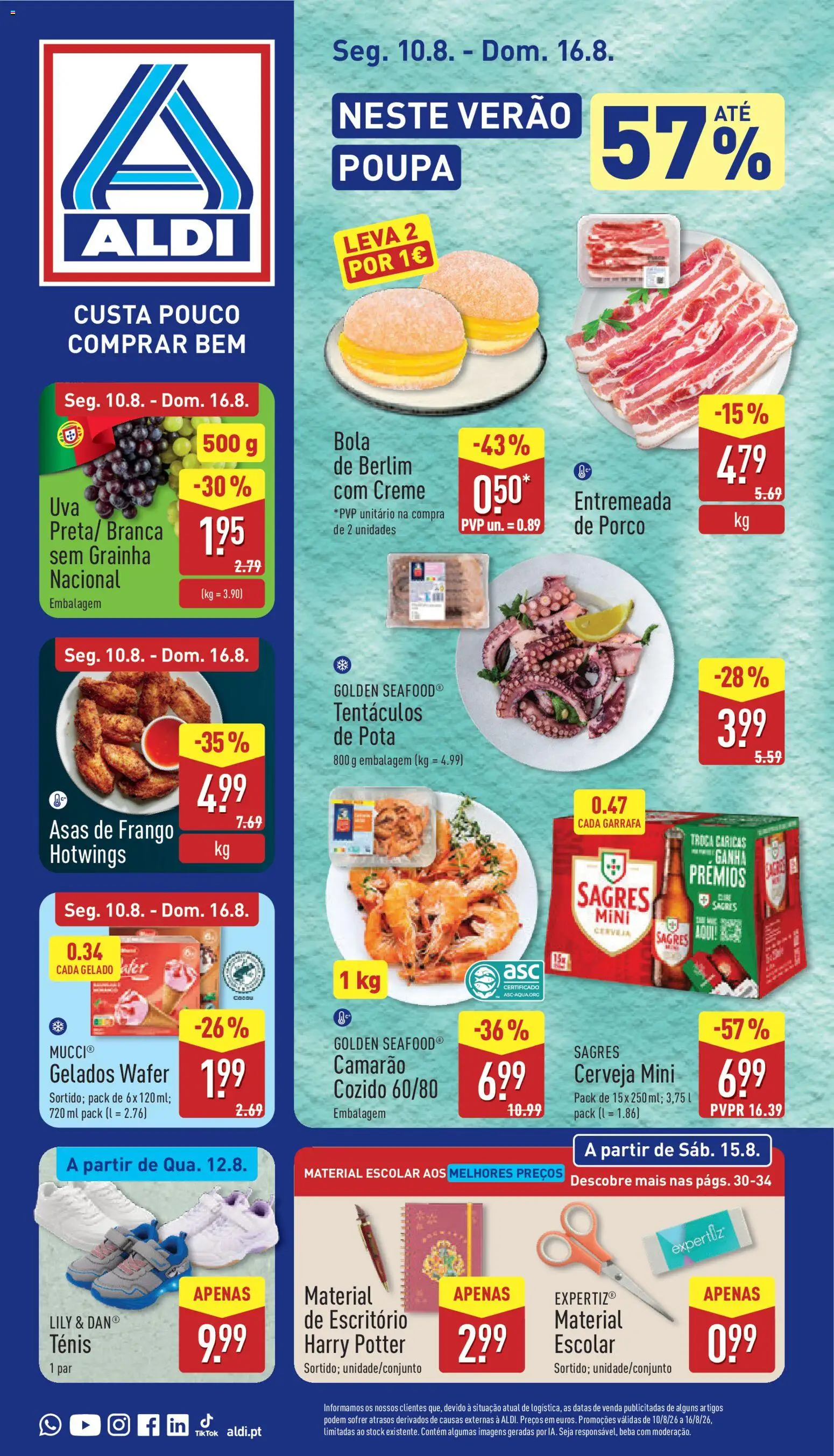 Aldi folheto │ válido de 10/08/2026 | Página: 1 | Produtos: Asas de frango, Camarão, Gelado, Cerveja
