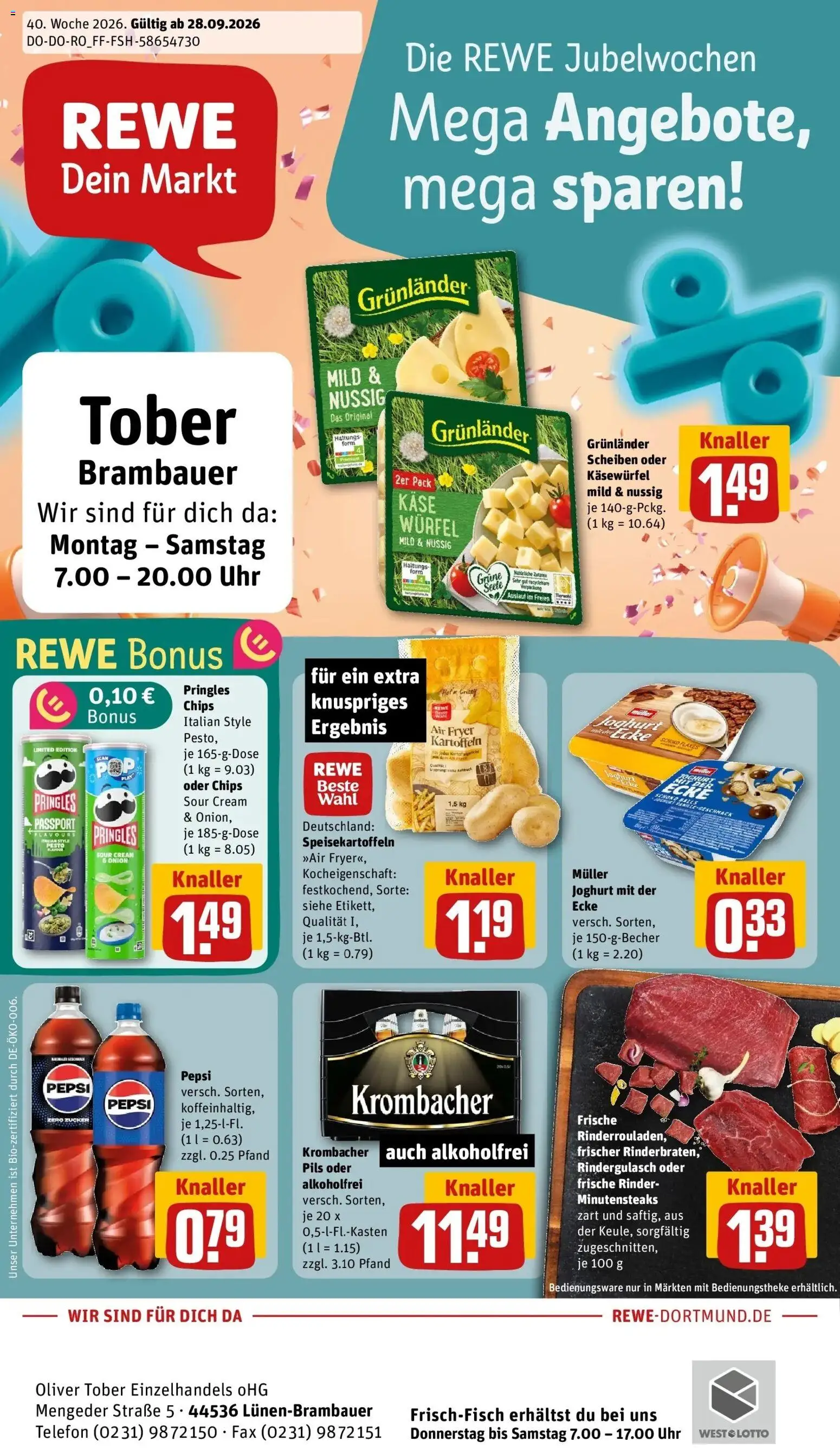 REWE Prospekt ab 28.09.2026 zum Blättern » Angebote | Seite: 1 | Produkte: Rindergulasch, Käse, Pringles, Telefon