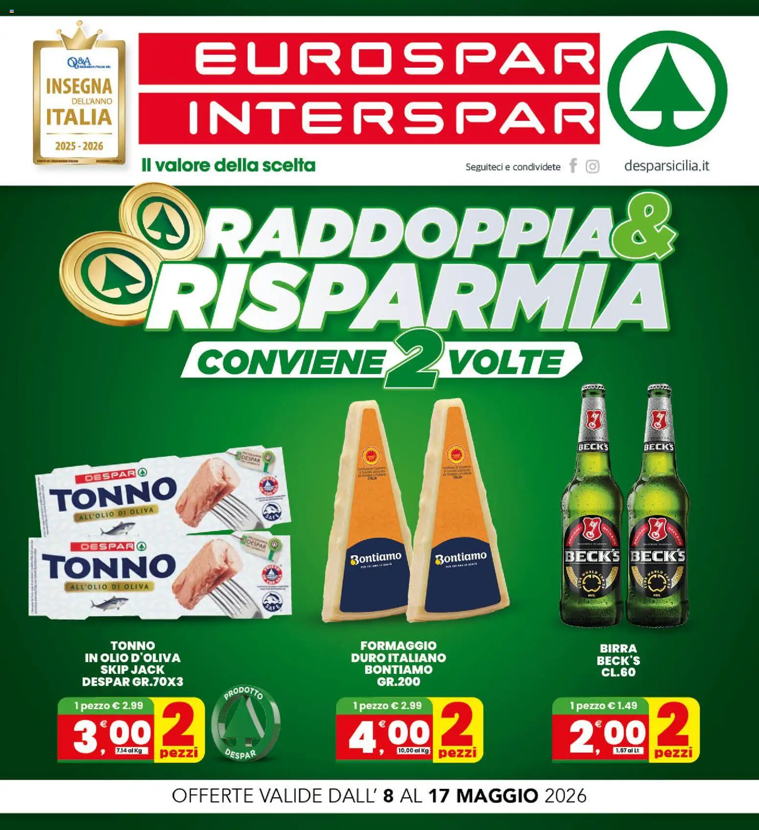 Volantino Interspar del 08.05.2026 | Pagina: 1 | Prodotti: Birra, Formaggio, Olio, Tonno