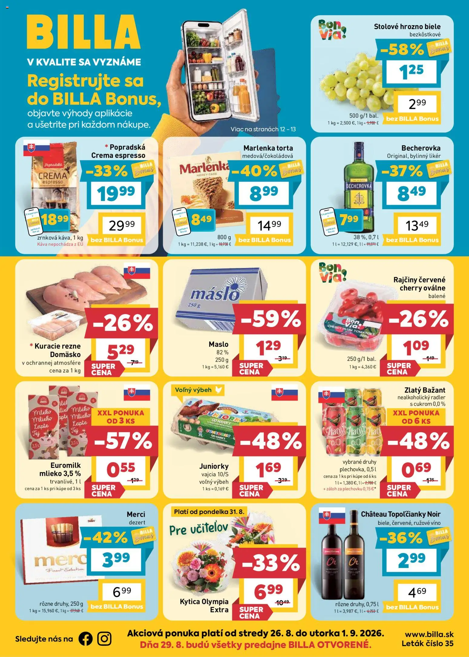 Nové Billa akcie – leták je platný od 26.08.2026 | Strana: 1 | Produkty: Becherovka, Marlenka, Mlieko 3,5 %, Rezne