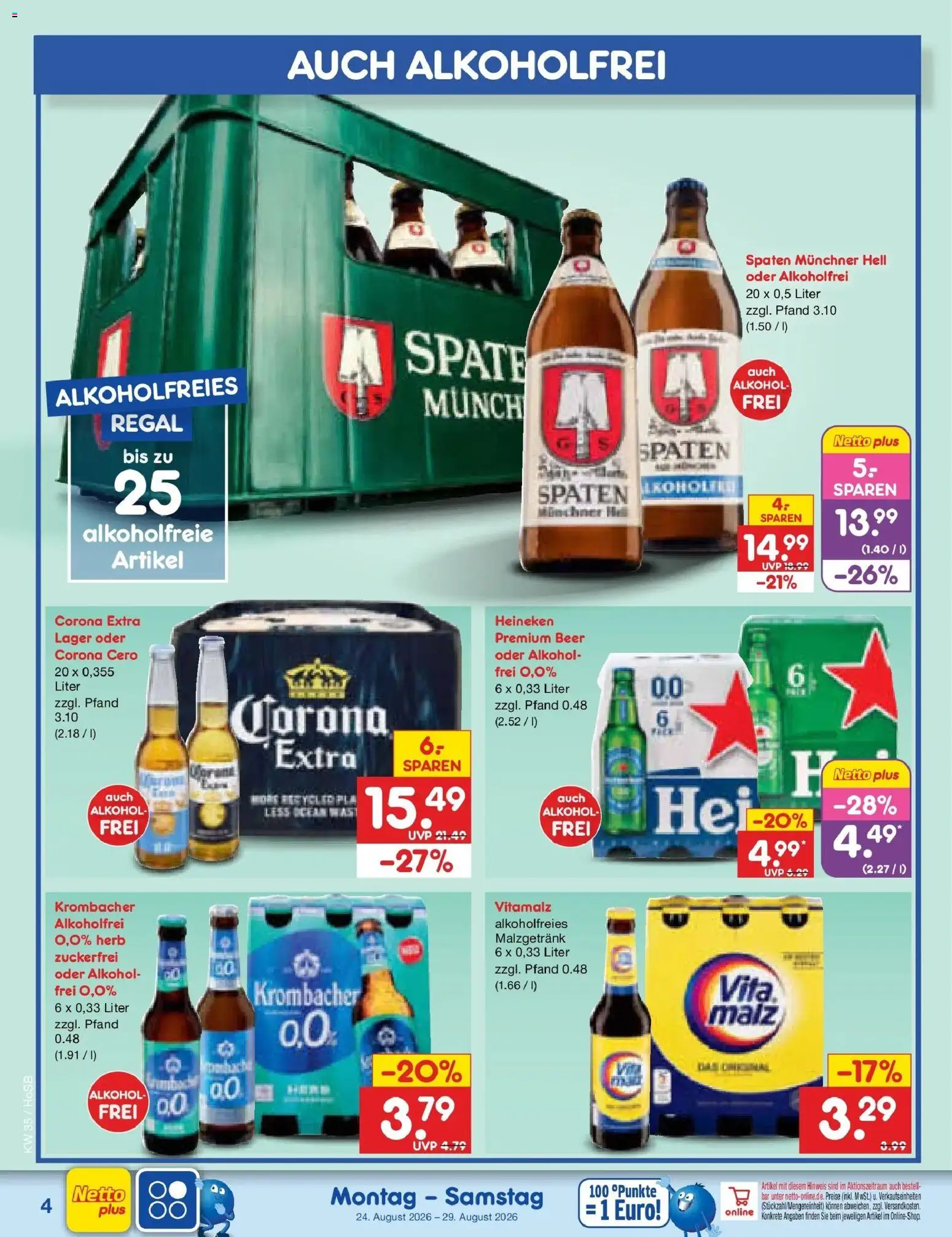 Netto Marken-Discount Prospekt Hannover (ab 24.08.2026) » Angebote | Seite: 4 | Produkte: Regal, Heineken, Alkohol, Krombacher
