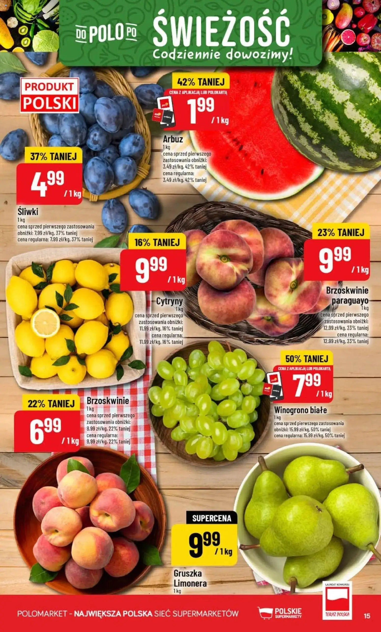 POLOmarket gazetka od 05.08.2026 | Strona: 15 | Produkty: Arbuz, Winogrono, Cytryny, Brzoskwinie