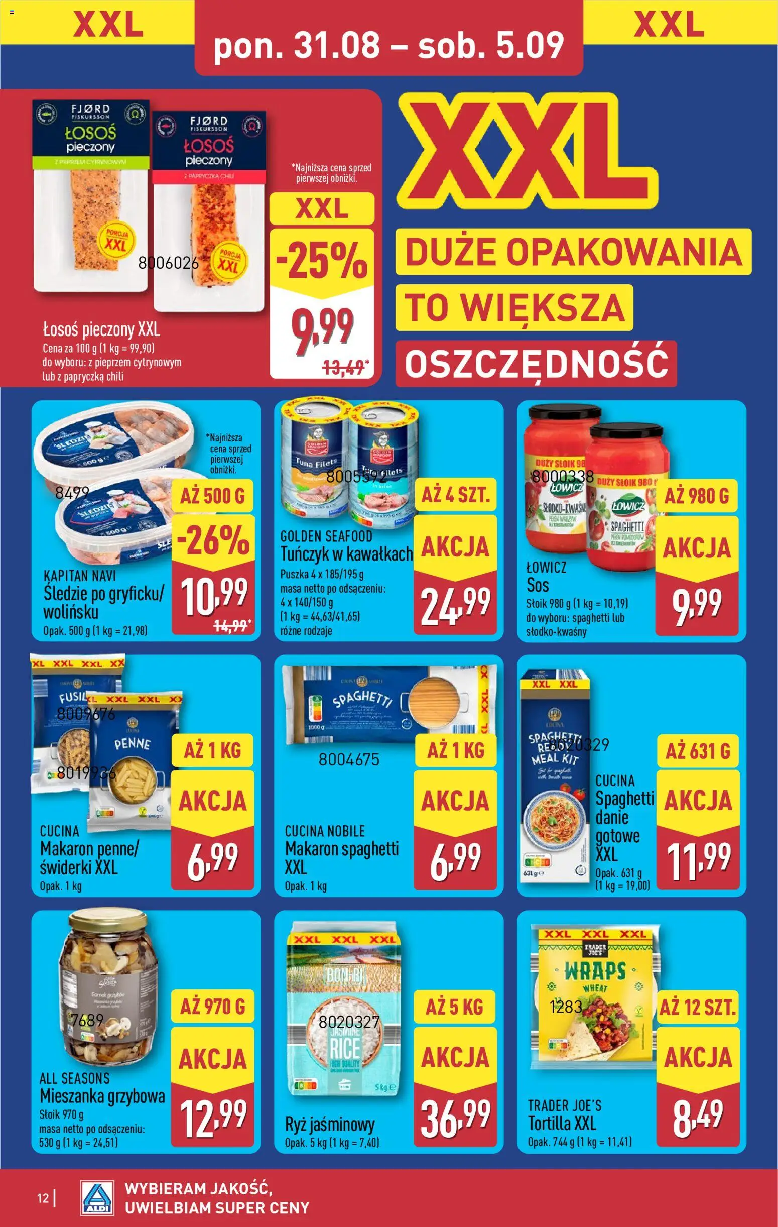 Aldi Polsko leták od 31.08.2026 | Strana: 12 | Produkty: Penne, Losos, Tortilla