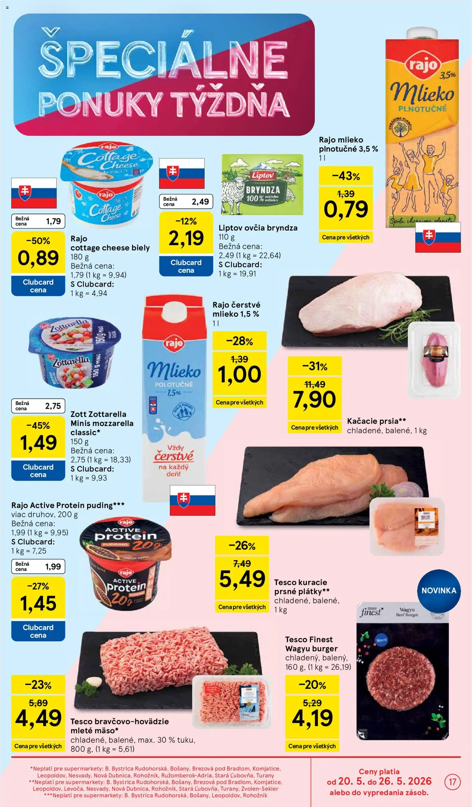 Nové Tesco akcie – leták je platný od 20.05.2026 | Strana: 17 | Produkty: Mlieko, Mozzarella, Protein, Bryndza