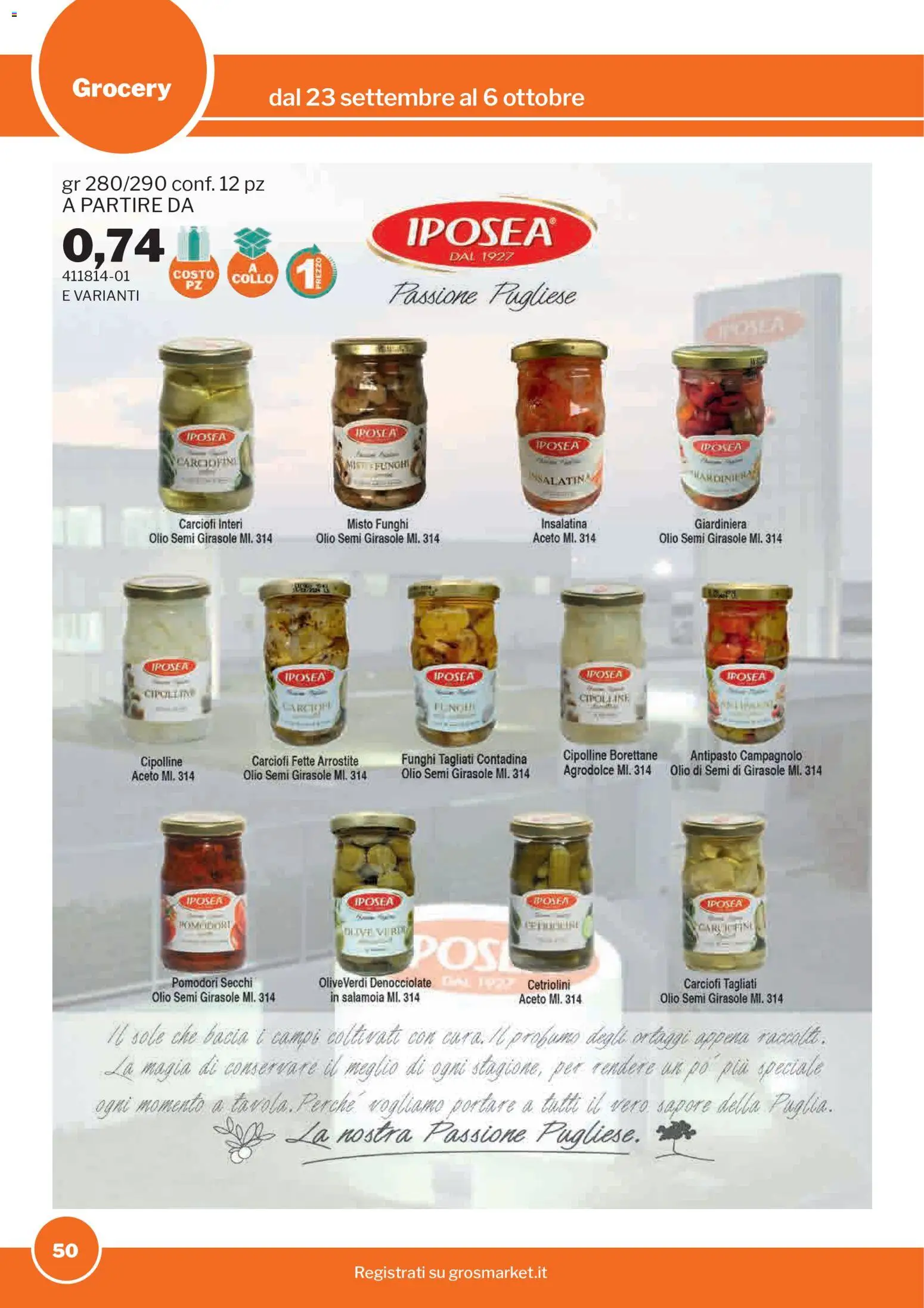 Volantino Sogegross del 23/09/2026 | Pagina: 50 | Prodotti: Olio, Pomodori, Carciofi, Cetriolini