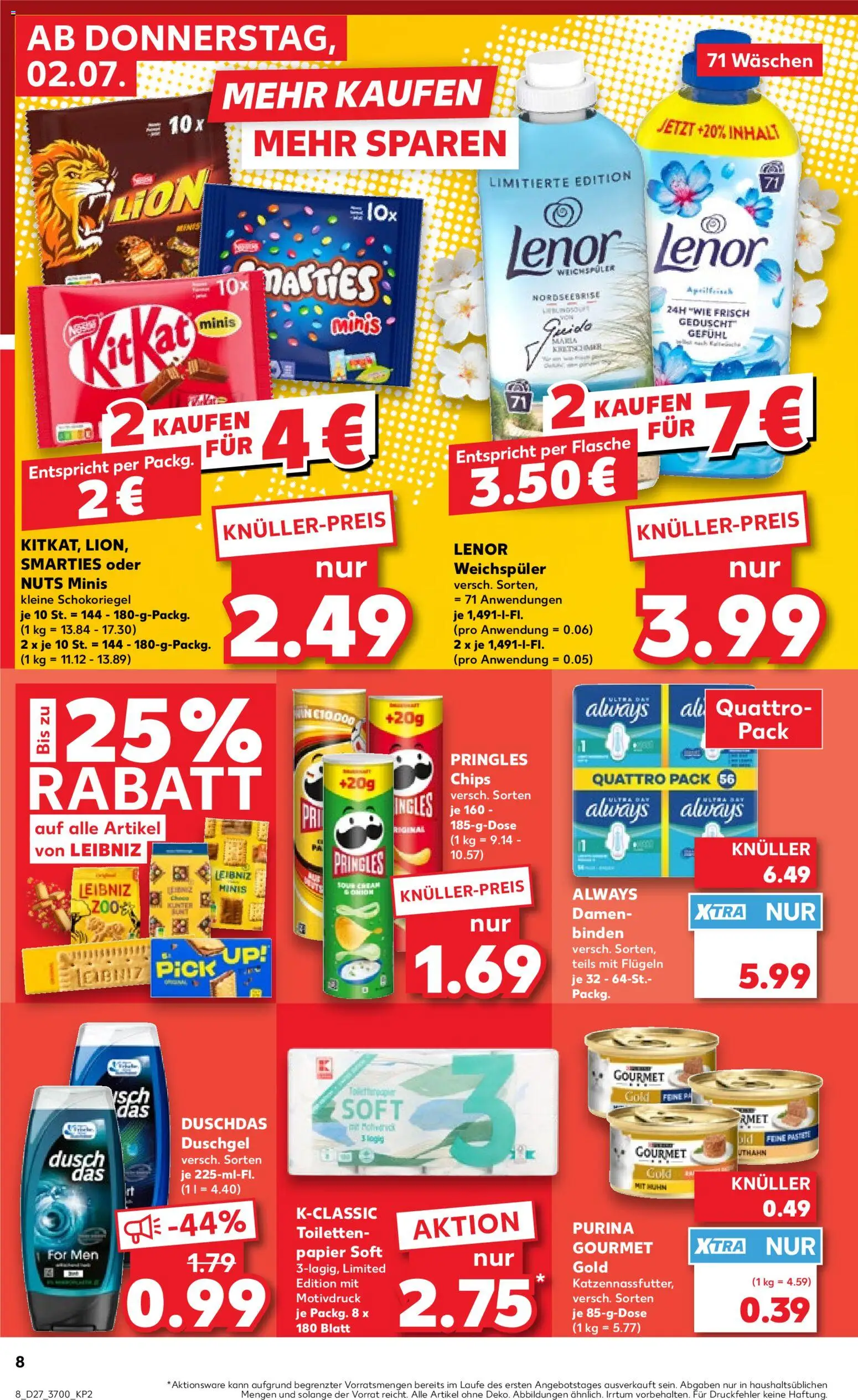 Kaufland Německo leták - Rostock od 02.07.2026 | Strana: 8 | Produkty: Lenor, Gourmet, Purina, Pringles