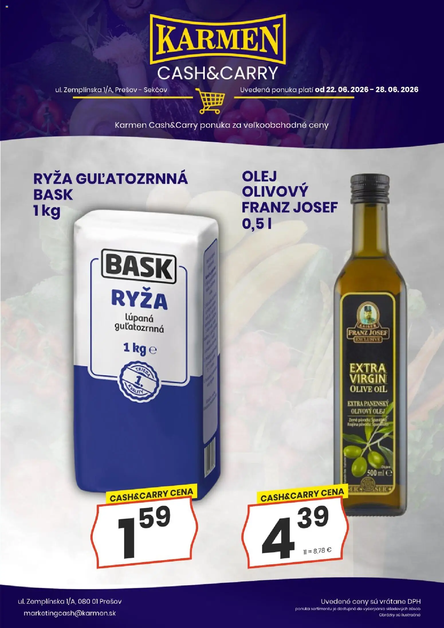 Nové KARMEN CBA akcie – leták je platný od 22.06.2026 | Strana: 4 | Produkty: Olej, Ryža, Olivový olej