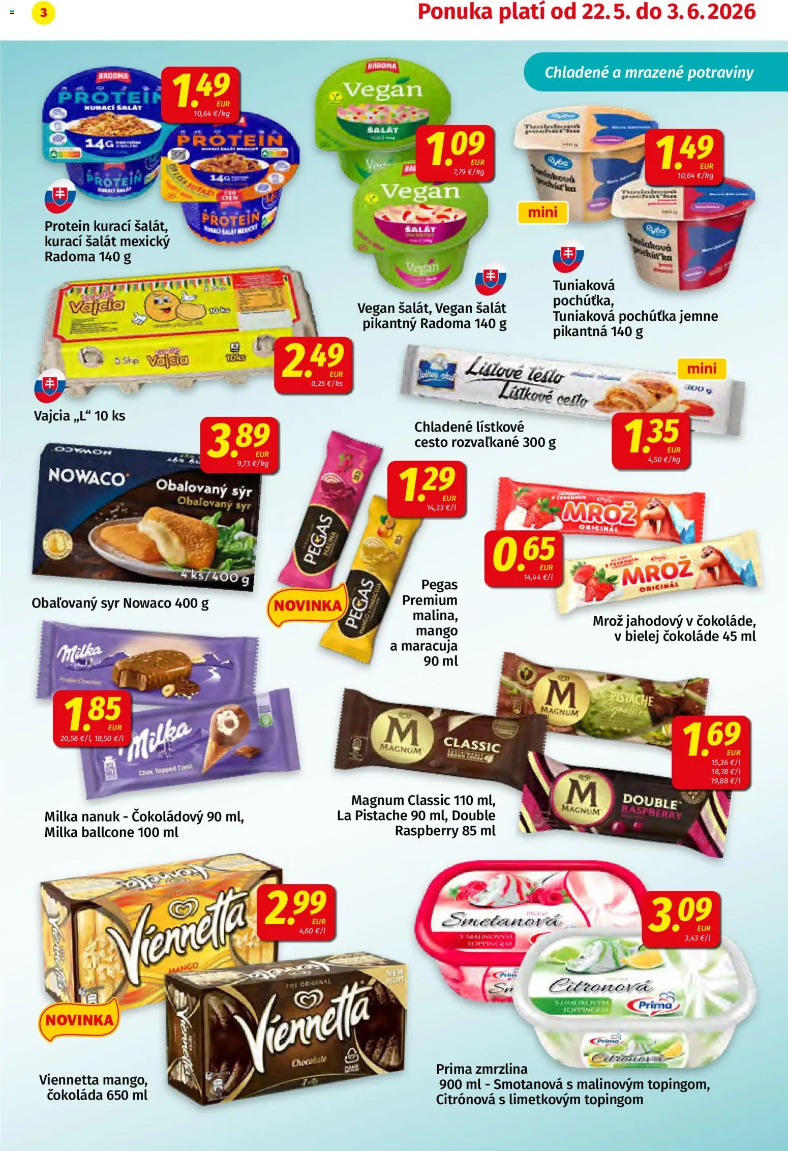 Nové Koruna akcie – leták je platný od 22.05.2026 | Strana: 3 | Produkty: Vajcia, Nanuk, Šalát, Milka
