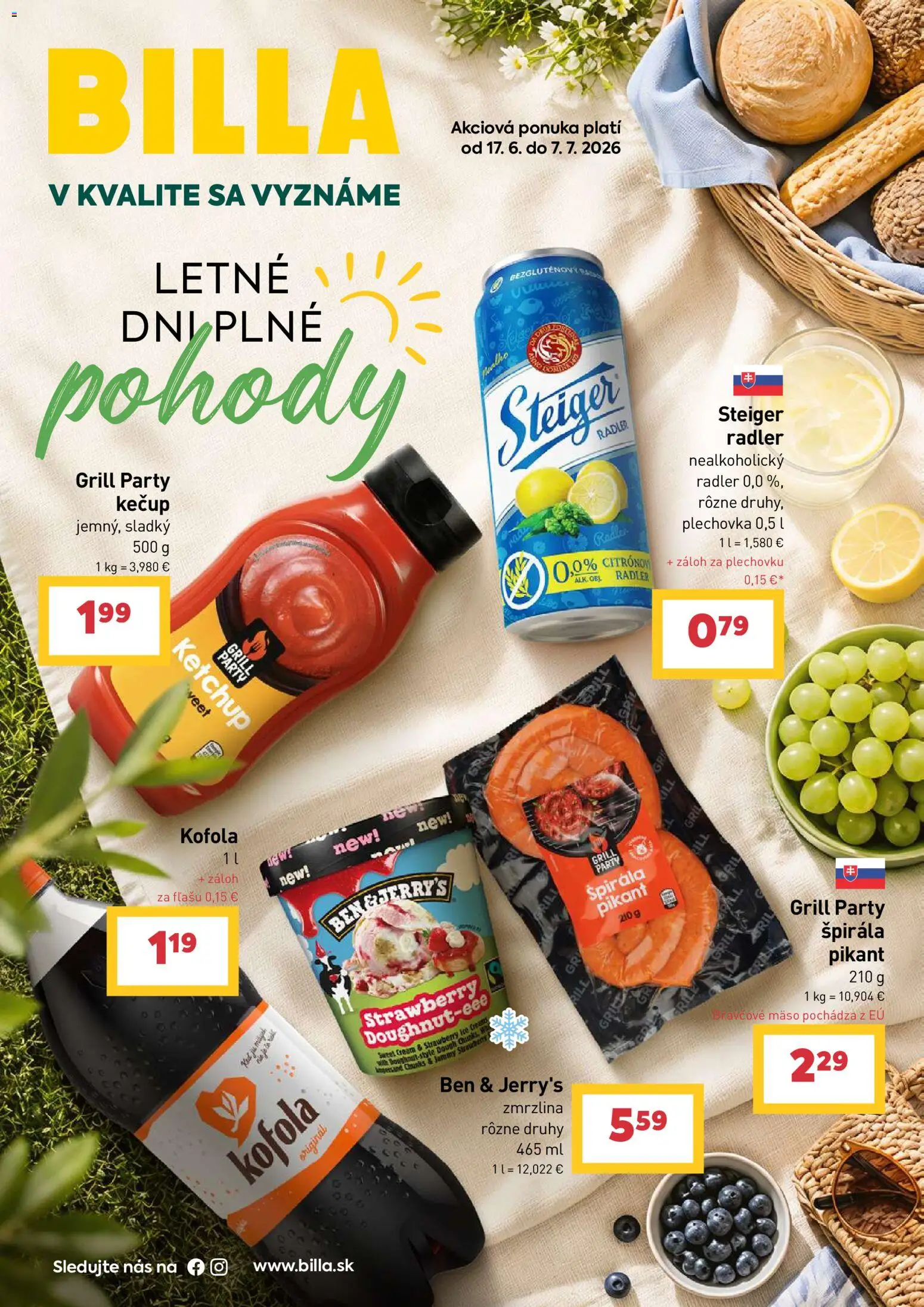 Nové Billa akcie – leták je platný od 17.06.2026 | Strana: 1 | Produkty: Gril, Radler, Kečup