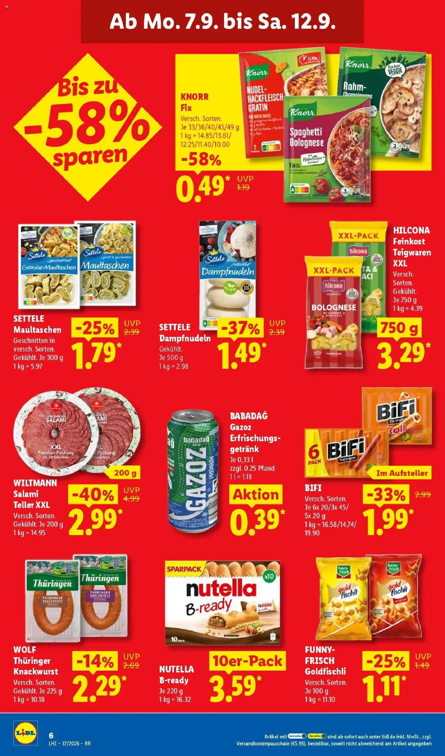 Lidl Prospekt Düsseldorf (ab 07.09.2026) zum Blättern » Angebote | Seite: 20 | Produkte: Spaghetti, Nutella, Maultaschen, Hackfleisch