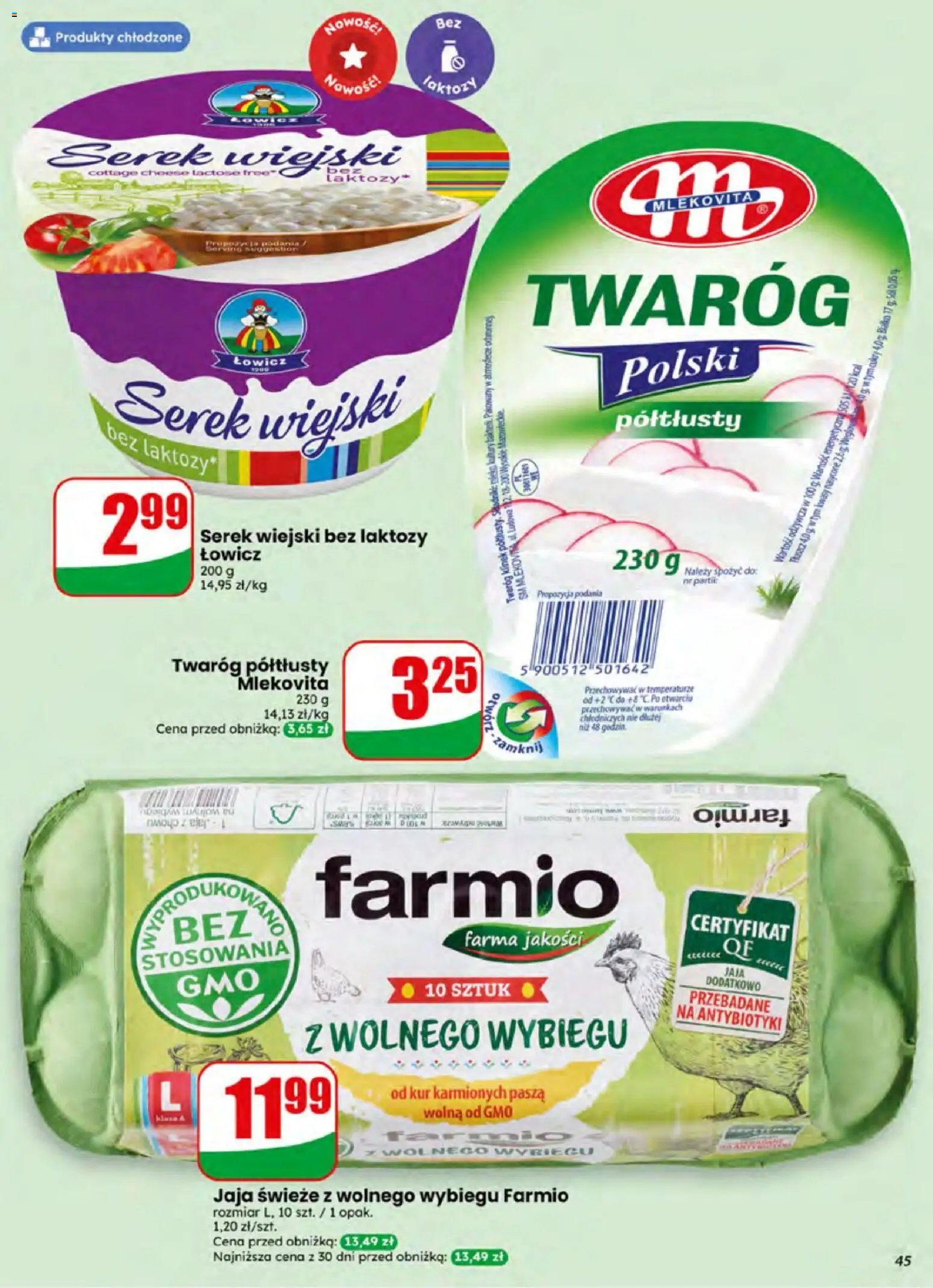 Dino gazetka od 01.07.2026 | Strona: 45 | Produkty: Twaróg półtłusty, Bez laktozy, Serek wiejski bez laktozy, Serek wiejski