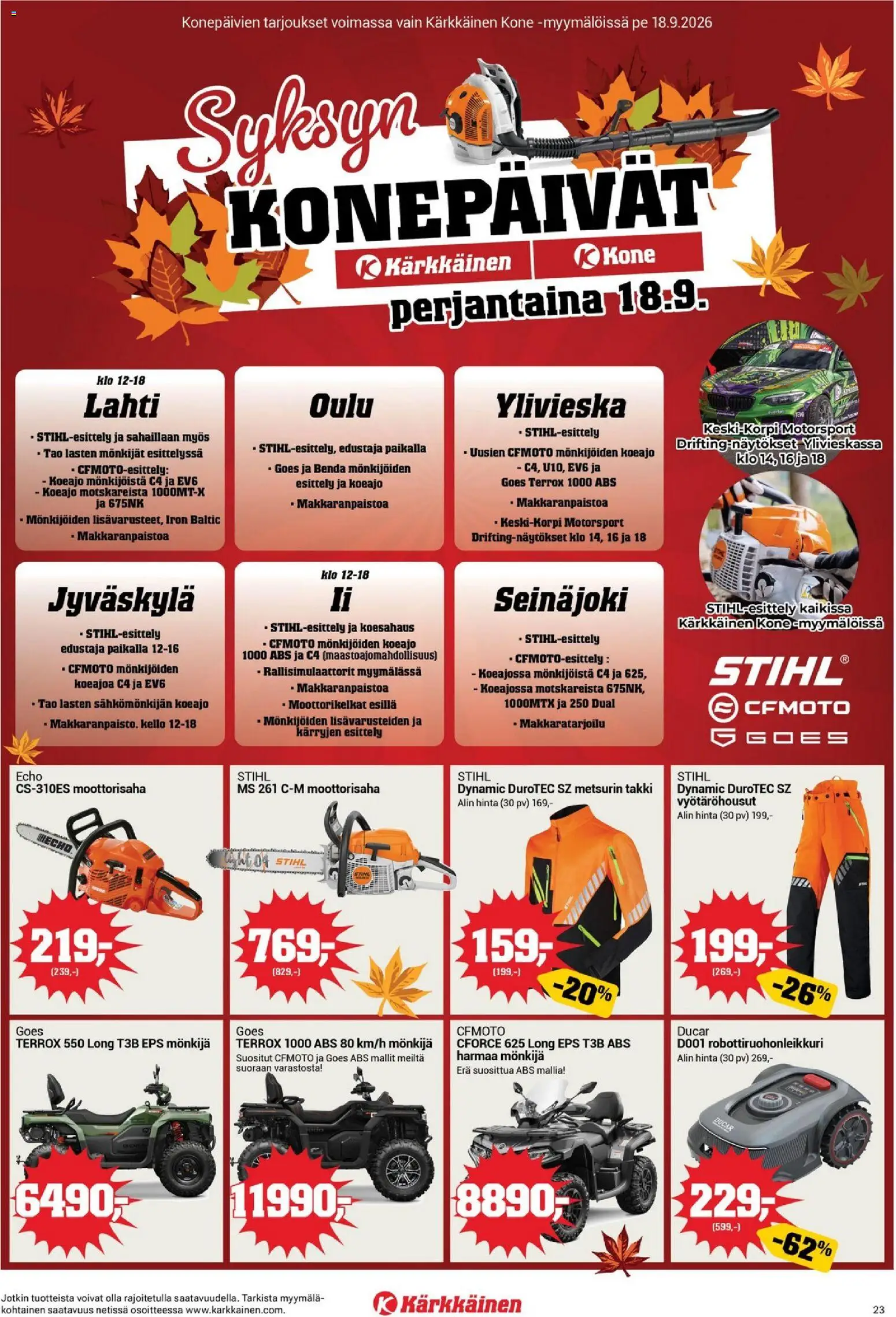 Kärkkäinen tarjoukset – voimassa 16/09/2026 alkaen | Sivu: 23 | Tuotteet: Robottiruohonleikkuri, Moottorisaha, Takki, Kello