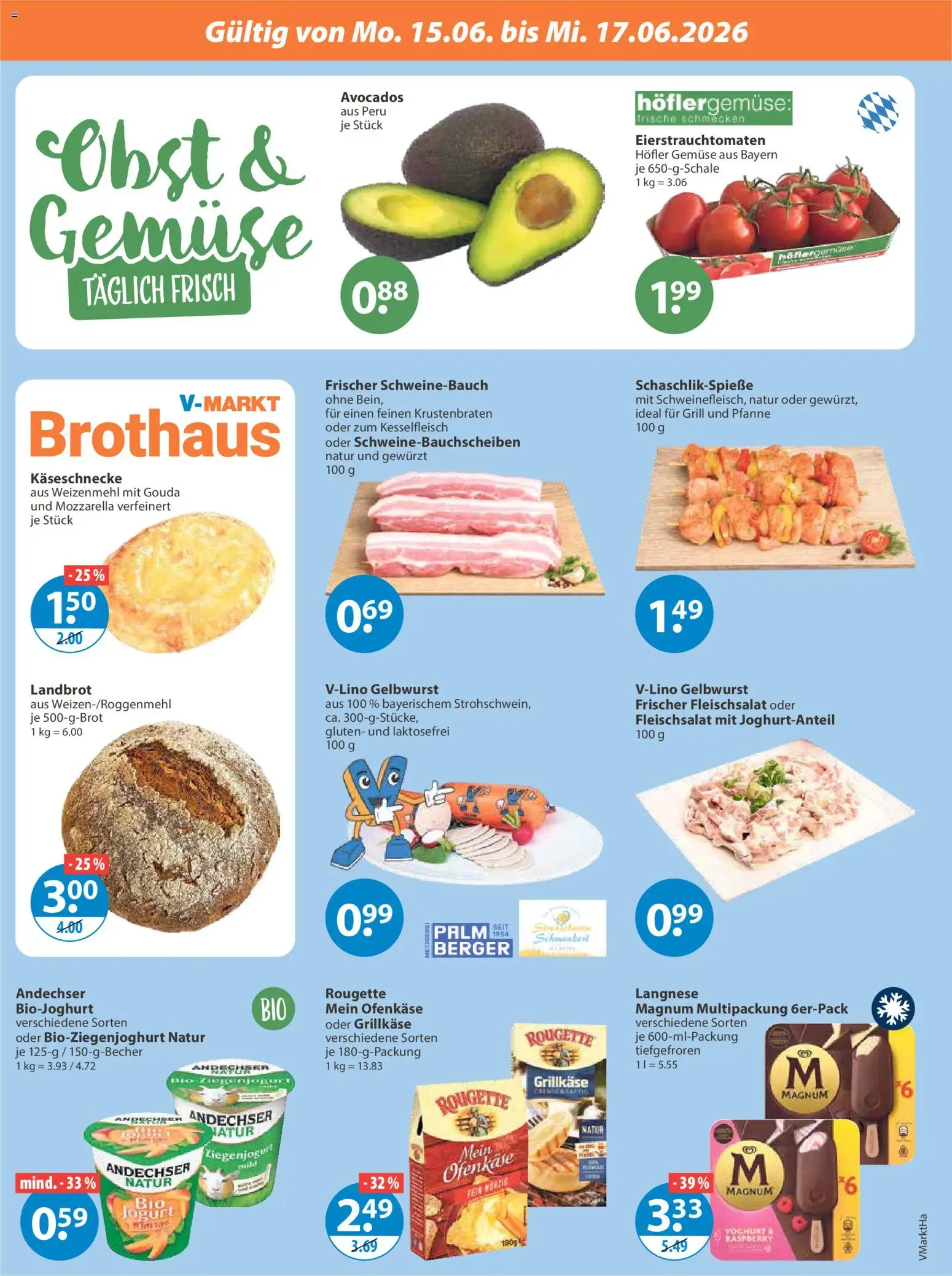 V-Markt Hallertau / Oberpfalz ab Montag – gültig ab 15.06.2026 | Seite: 2 | Produkte: Gouda, Weizenmehl, Krustenbraten, Obst
