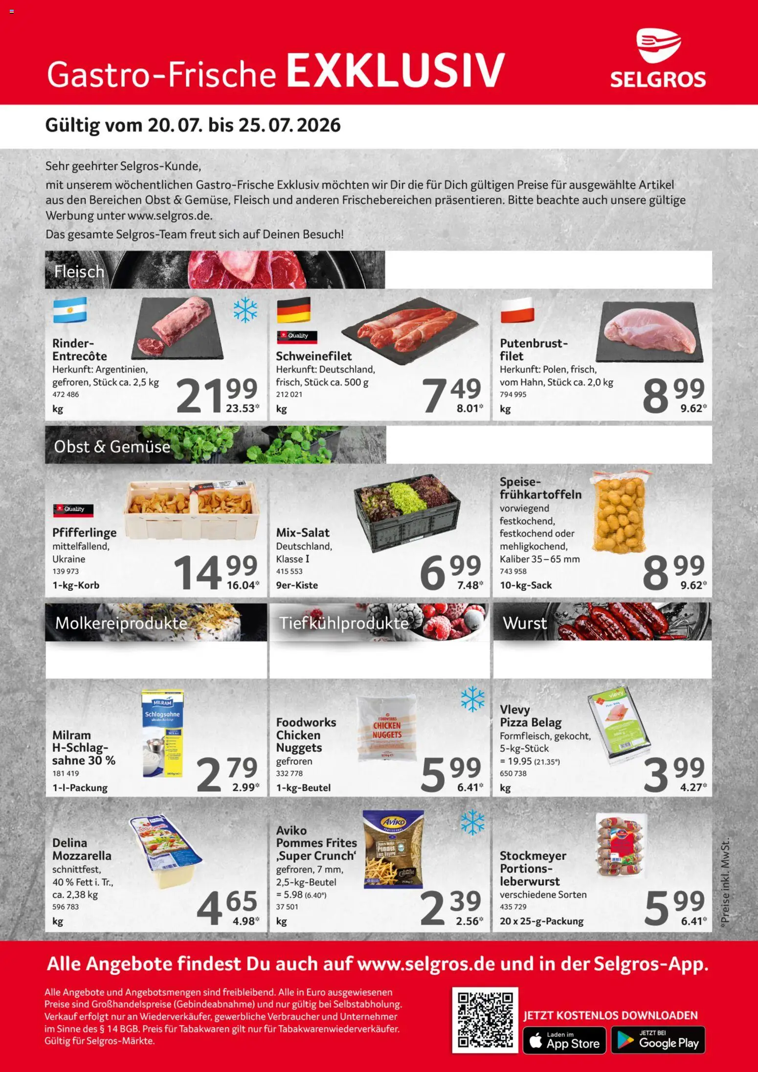 Selgros Gastro Angebote – gültig ab 20.07.2026 | Seite: 1 | Produkte: Pommes frites, Wurst, Pfifferlinge, Sahne