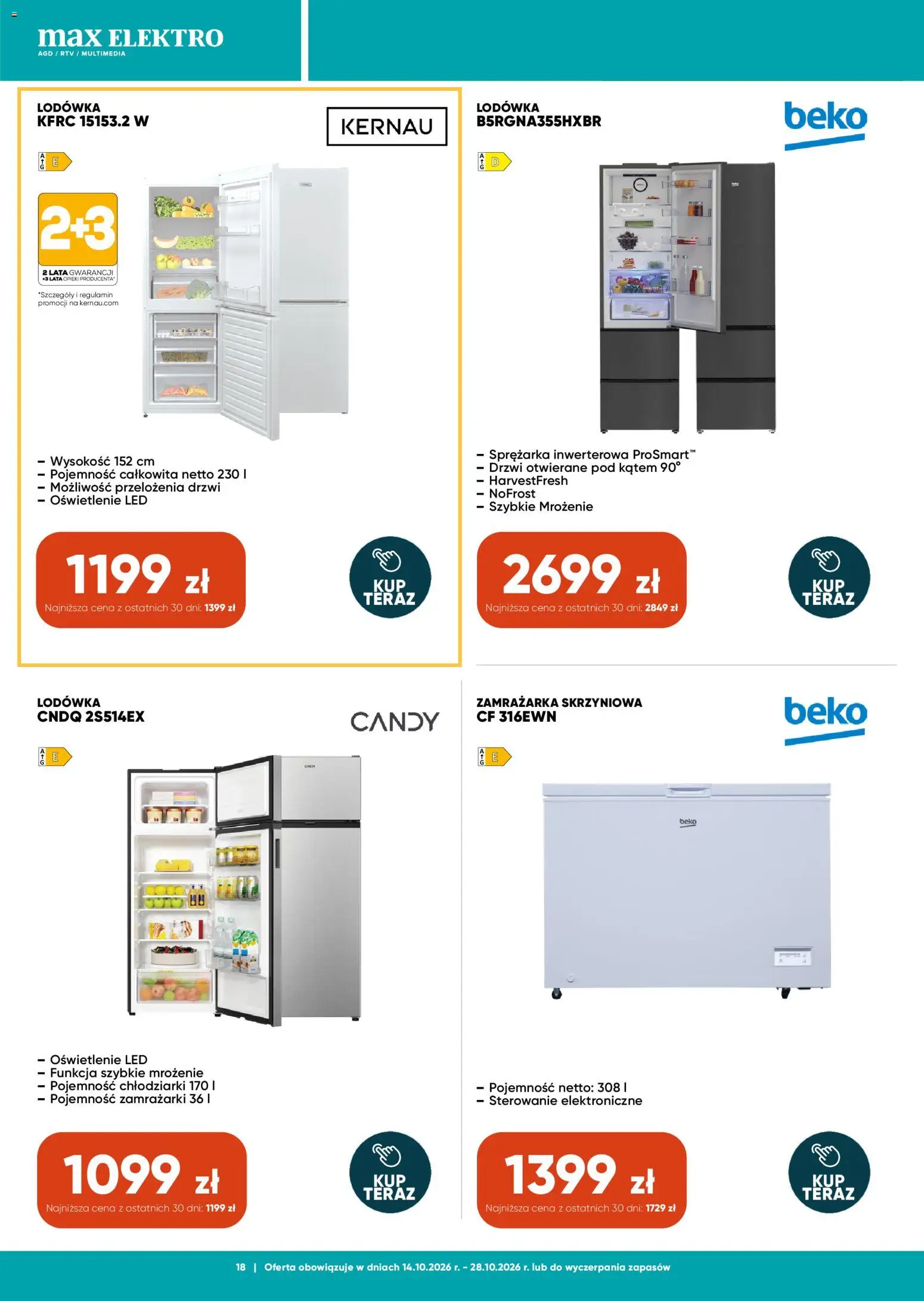 Max elektro gazetka od 14.10.2026 | Strona: 18 | Produkty: Lodówka, Zamrażarka, Oświetlenie, Drzwi
