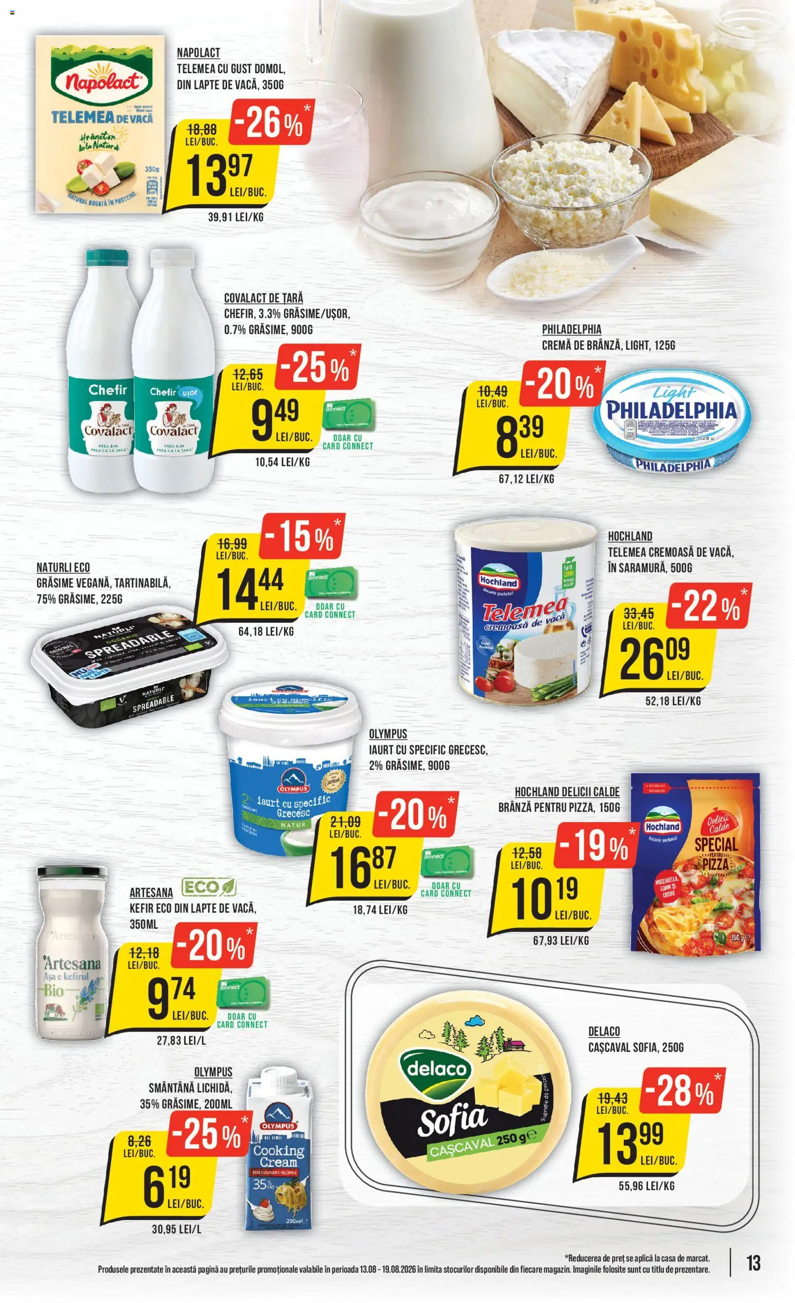 Noul catalog Mega Image – valabil de la 13.08.2026 | Pagină: 13 | Produse: Aplică, Lapte, Hochland, Pizza