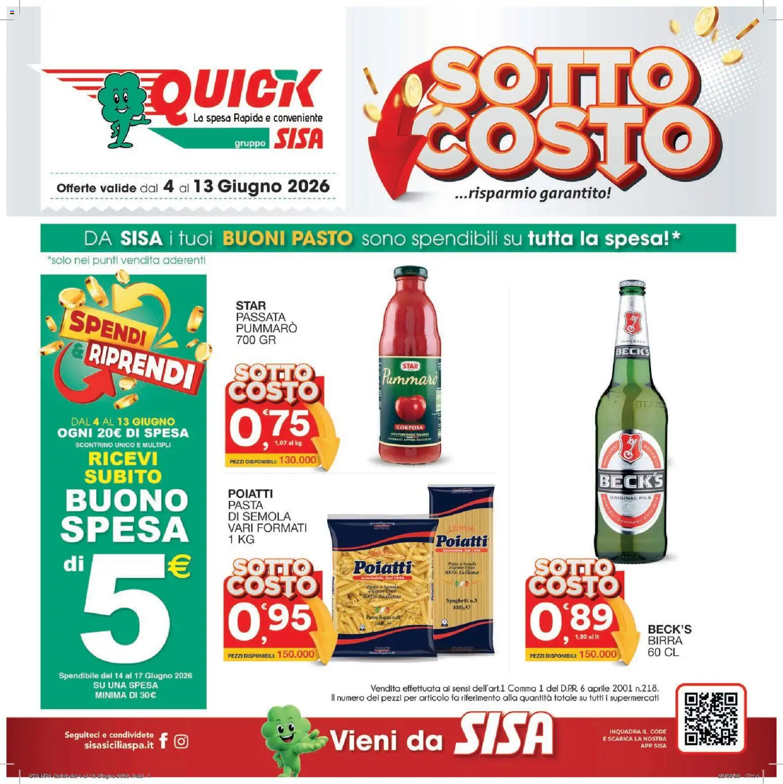 Volantino SISA del 04.06.2026 | Pagina: 1 | Prodotti: Birra, Pomodoro, Mais, Penne