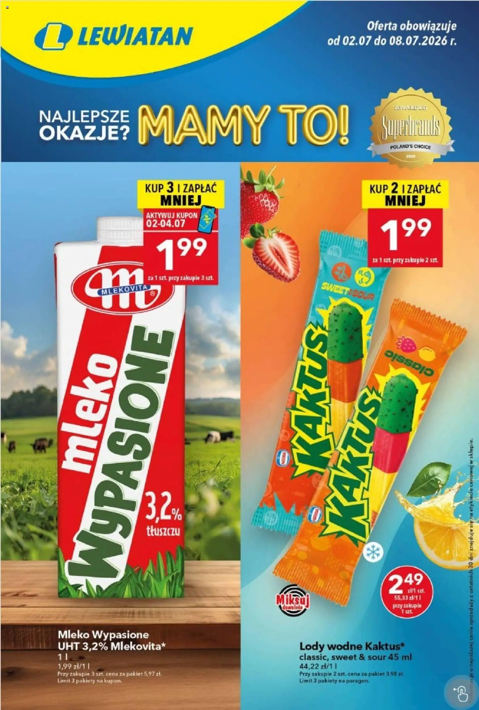 Lewiatan gazetka od 02.07.2026 | Strona: 1 | Produkty: Mleko wypasione, Mleko, Lody