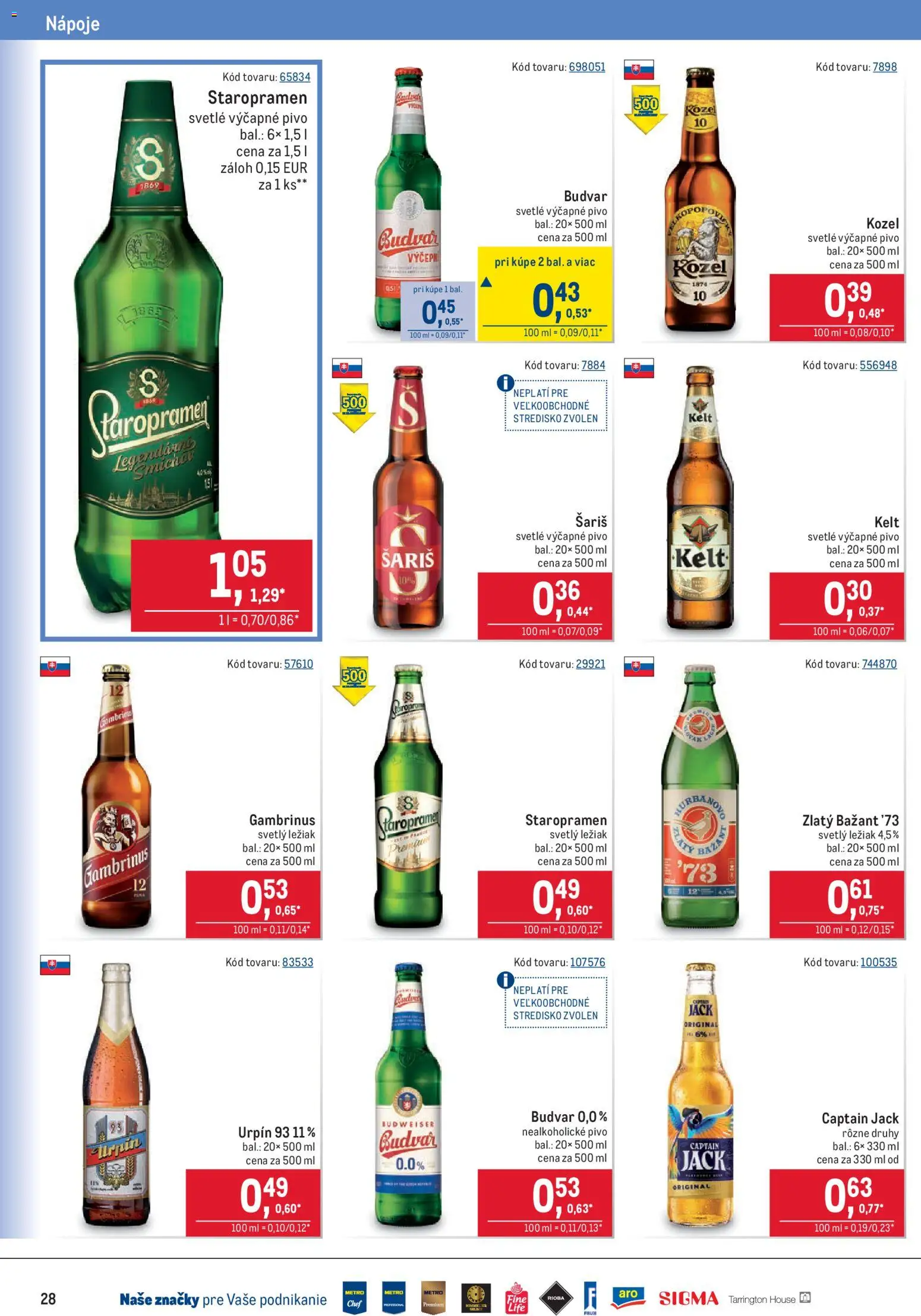 Nové Metro akcie – leták je platný od 01.07.2026 | Strana: 28 | Produkty: Kelt, Staropramen, Nealkoholické pivo, Gambrinus