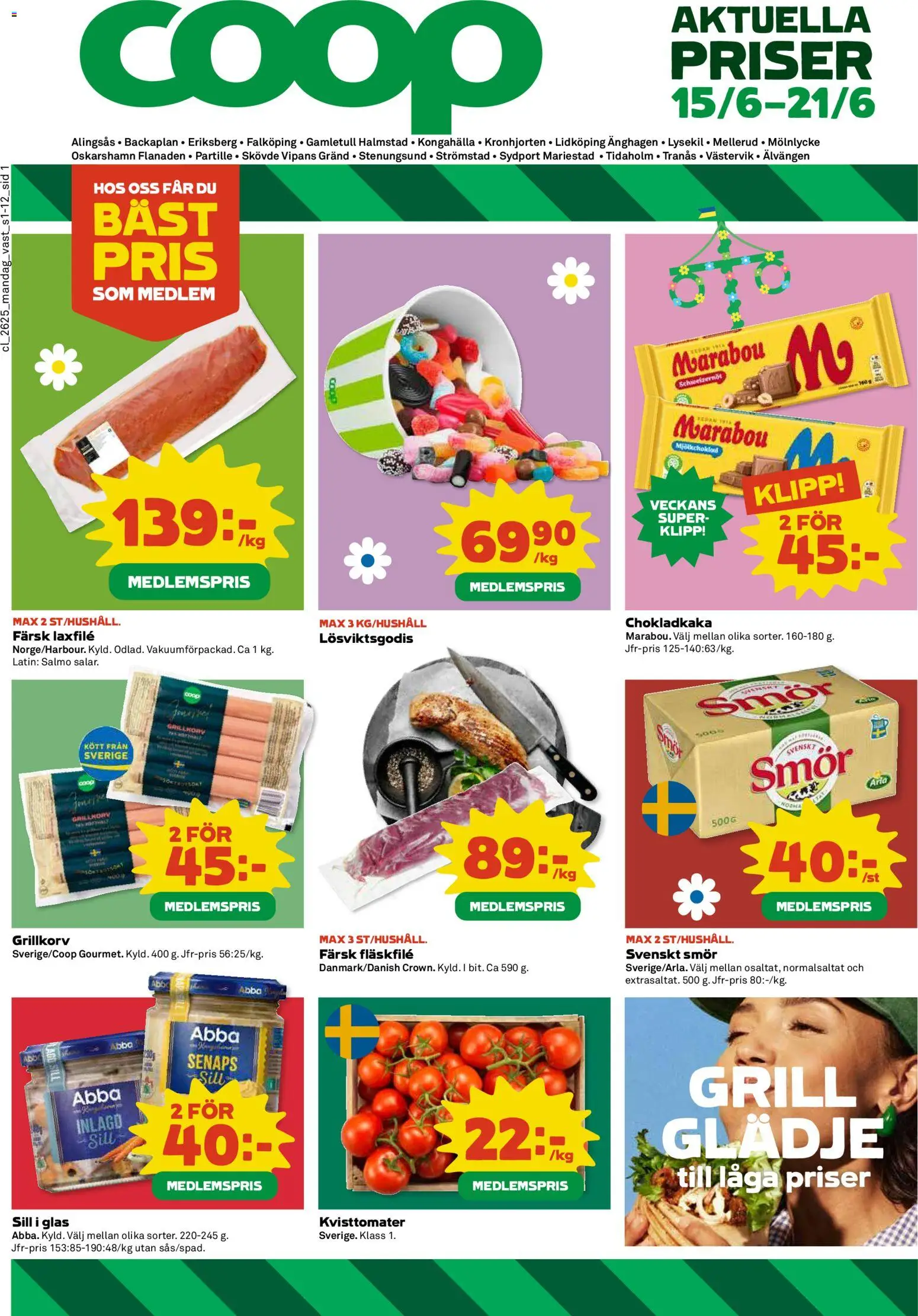 Coop reklamblad aktuell från 15.06.2026 | Sida: 1 | Produkter: Grill, Chokladkaka, Grillkorv, Smör