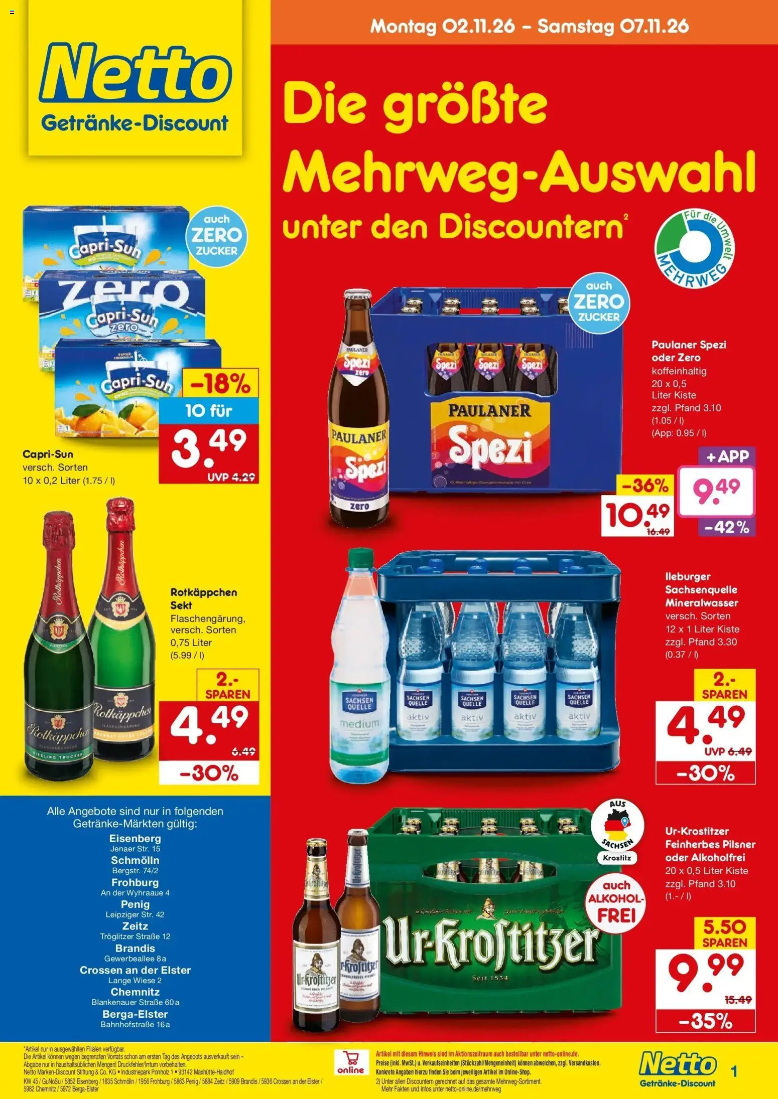 Netto Marken-Discount Prospekt Chemnitz – gültig ab 02.11.2026 | Seite: 1 | Produkte: Capri sun, Mineralwasser, Rotkäppchen, Paulaner