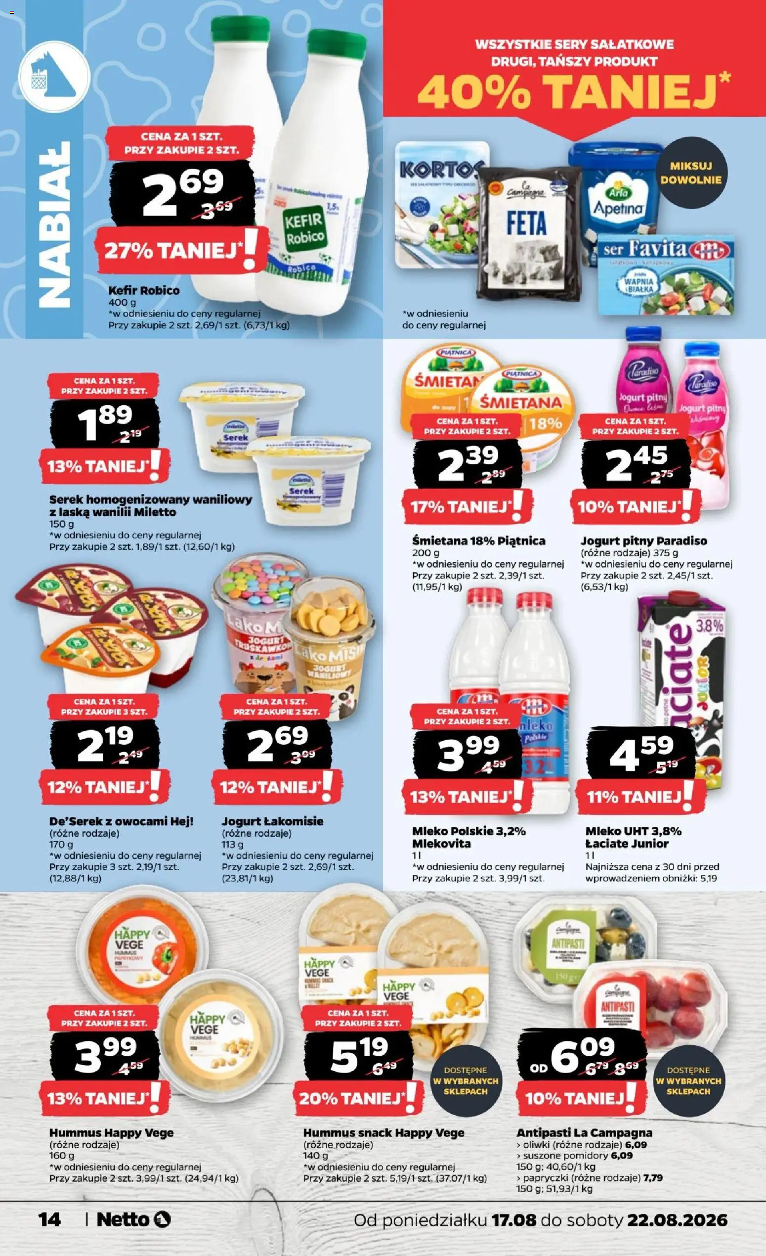 Netto gazetka od poniedziałku od 17.08.2026 | Strona: 14 | Produkty: Antipasti, Jogurt pitny, Mleko, Jogurt