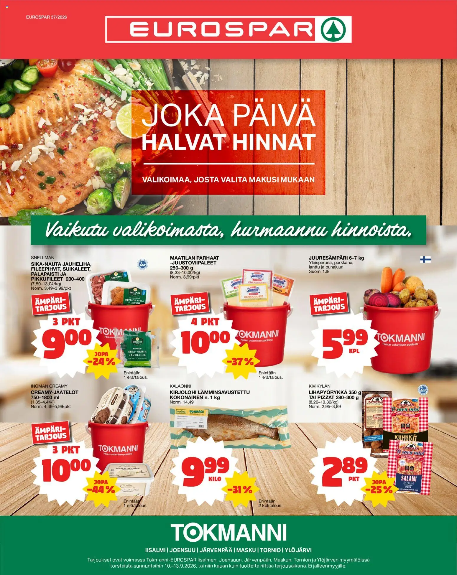 Tokmanni - Eurospar – voimassa 10/09/2026 alkaen | Sivu: 1 | Tuotteet: Kirjolohi, Jauheliha, Ämpäri, Salami