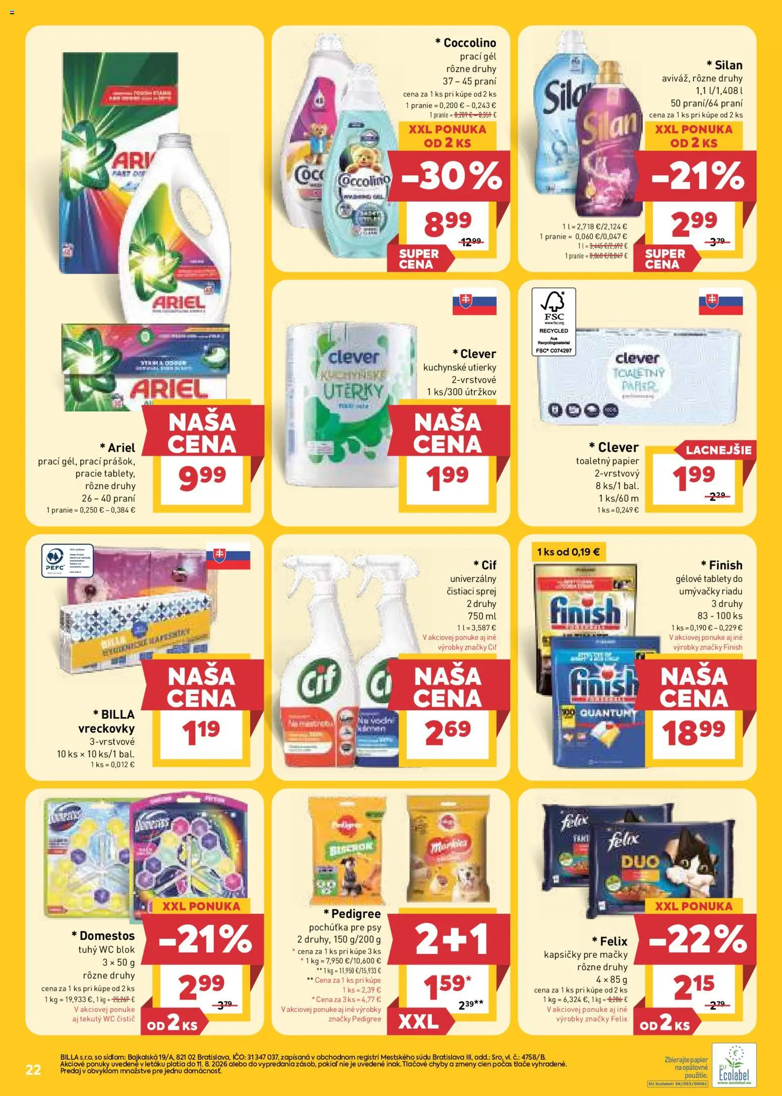 Nové Billa akcie – leták je platný od 05.08.2026 | Strana: 22 | Produkty: Silan, Prací gél, Cif, Coccolino