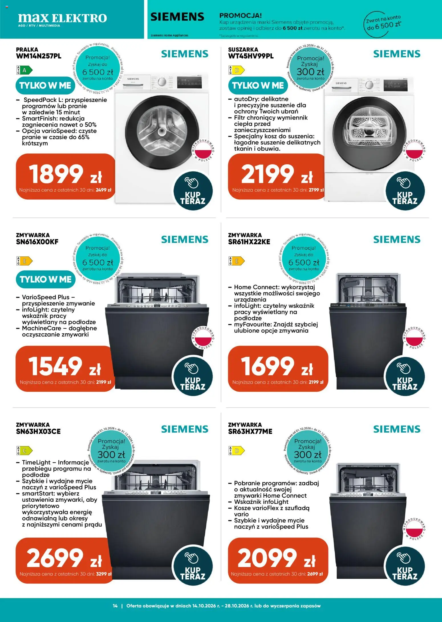 Max elektro gazetka od 14.10.2026 | Strona: 14 | Produkty: Pralka, Suszarka, Kosz, Finish