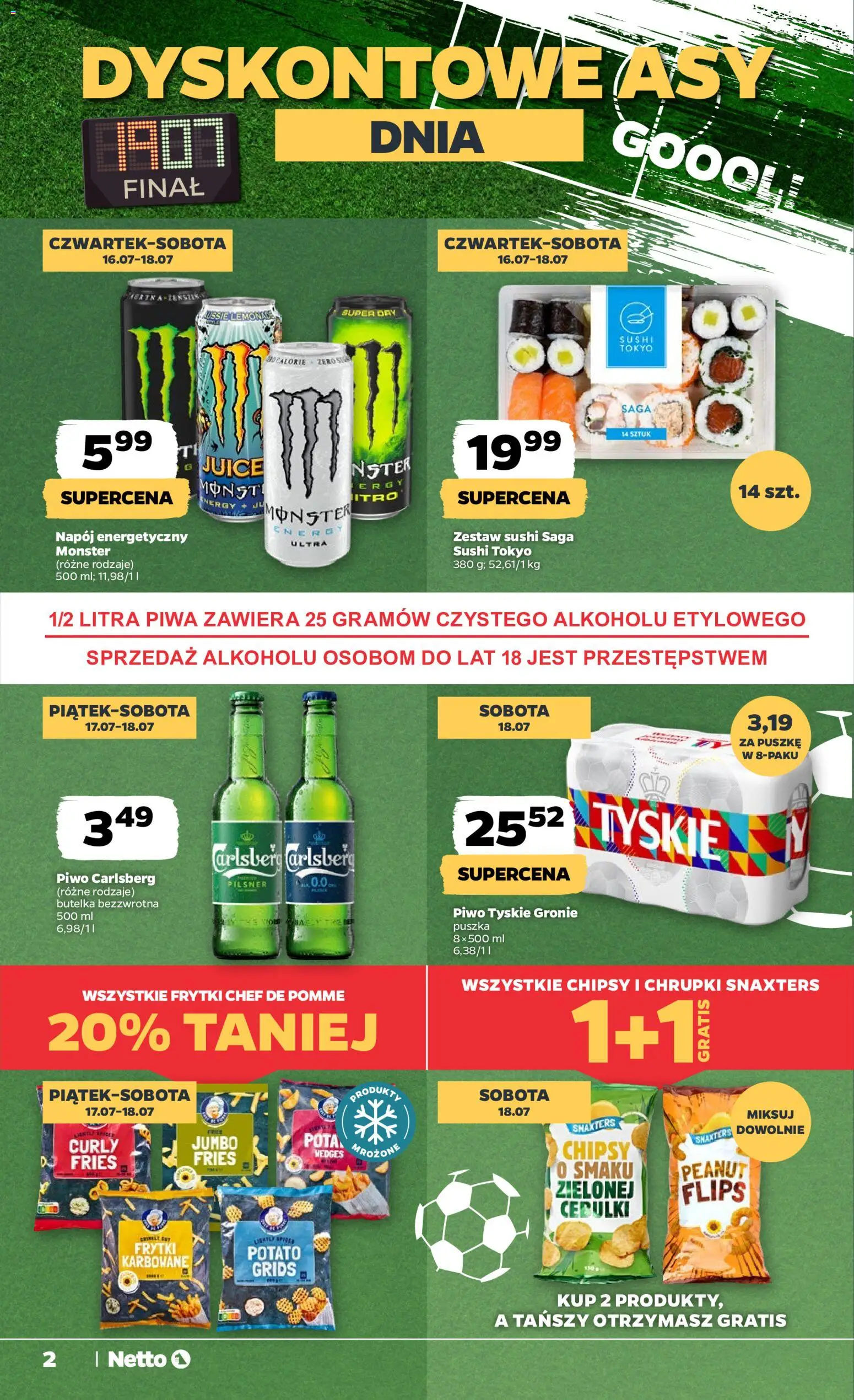 Netto gazetka od czwartku od 16.07.2026 | Strona: 2 | Produkty: Chipsy, Frytki karbowane, Piwo, Zestaw sushi