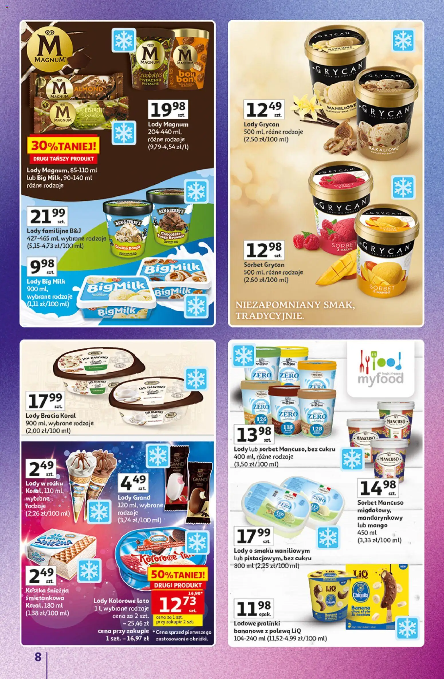 Auchan gazetka - 30 Lat Hipermarket Znane marki od 03.09.2026 | Strona: 8 | Produkty: Lody Grycan, Lody familijne, Big Milk, Sorbet