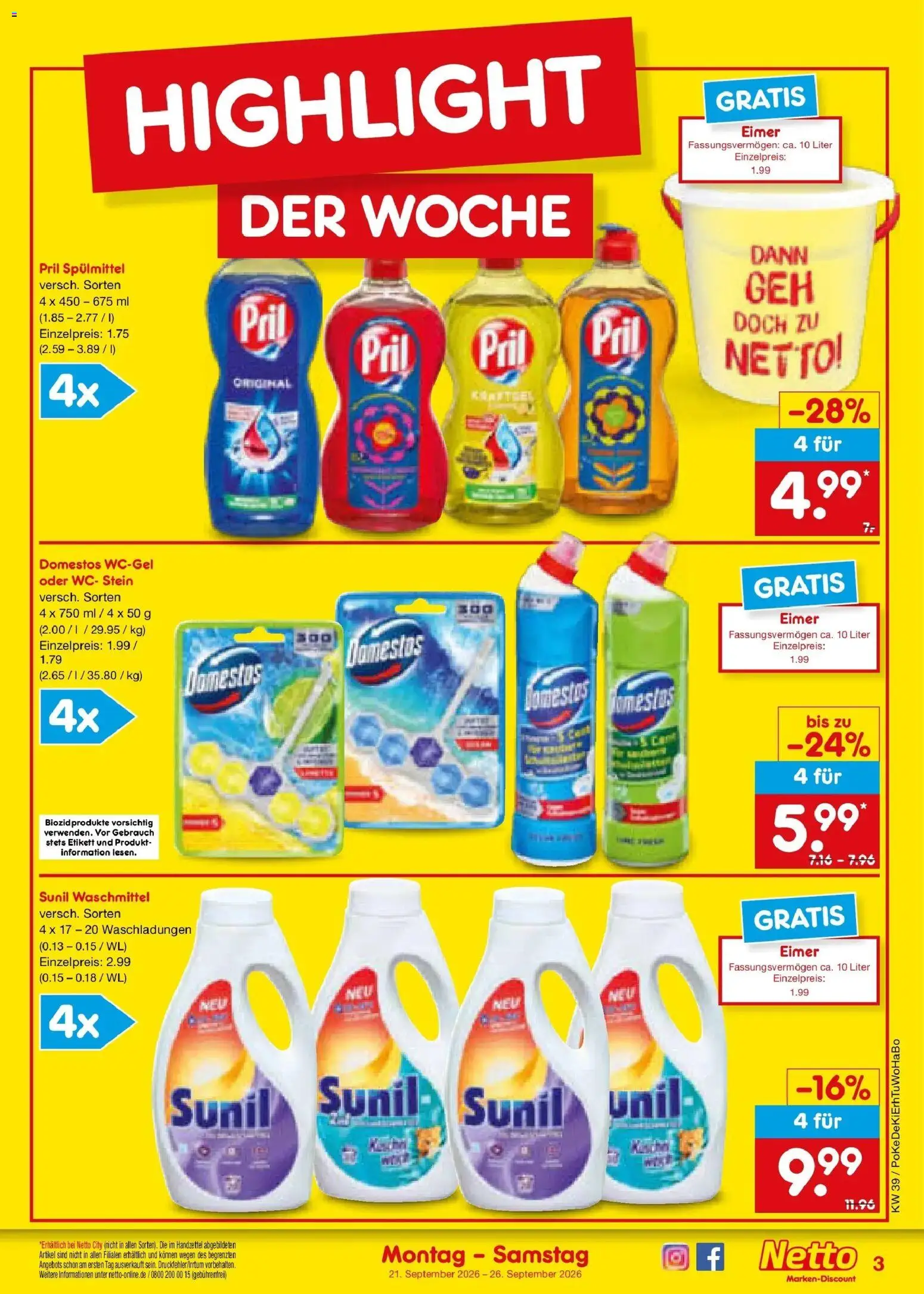 Netto Marken-Discount Prospekt Amberg – gültig ab 21.09.2026 | Seite: 3 | Produkte: Waschmittel, WC Stein, Pril