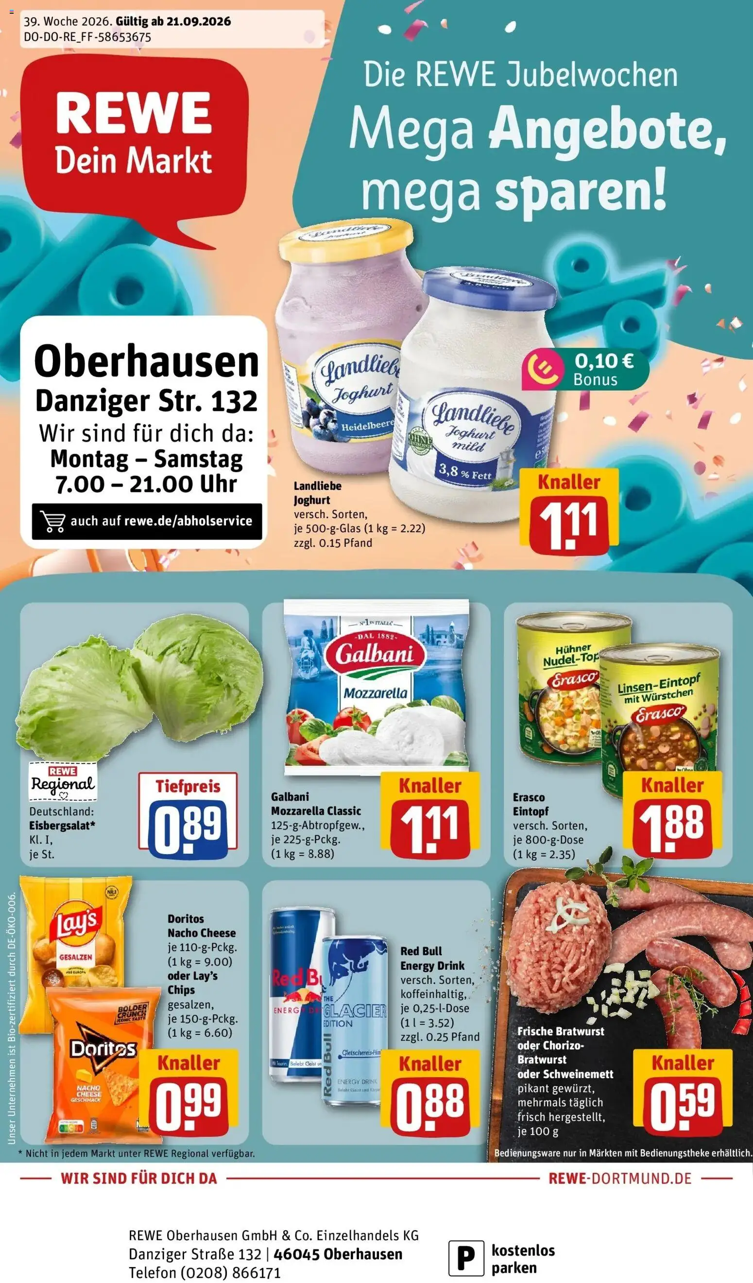 REWE Prospekt ab 21.09.2026 zum Blättern » Angebote | Seite: 1 | Produkte: Red bull, Joghurt, Chips, Telefon